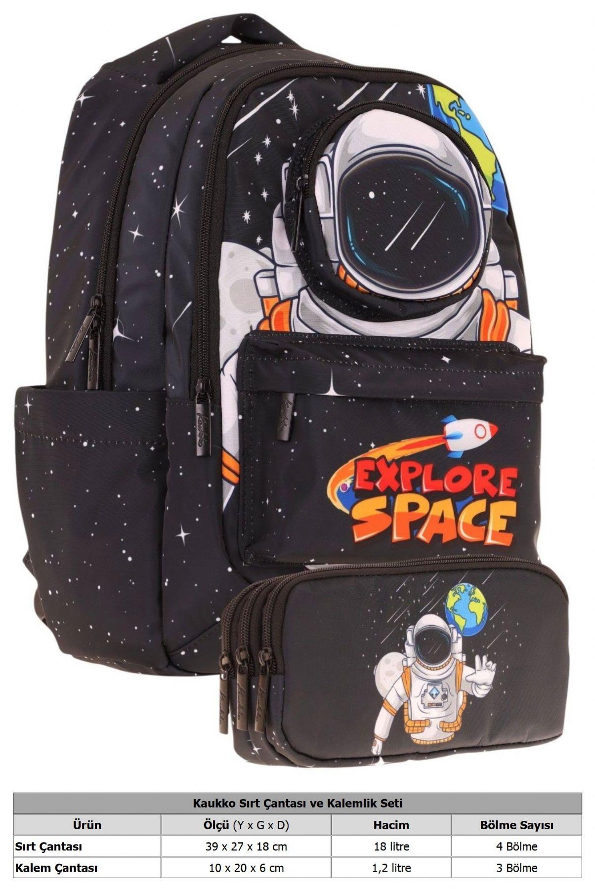 Kaukko Kids Toys Erkek Çocuk Siyah 3D Astronot Şekilli İlkokul Çantası ve Kalemlik Seti (L5253+L8253)