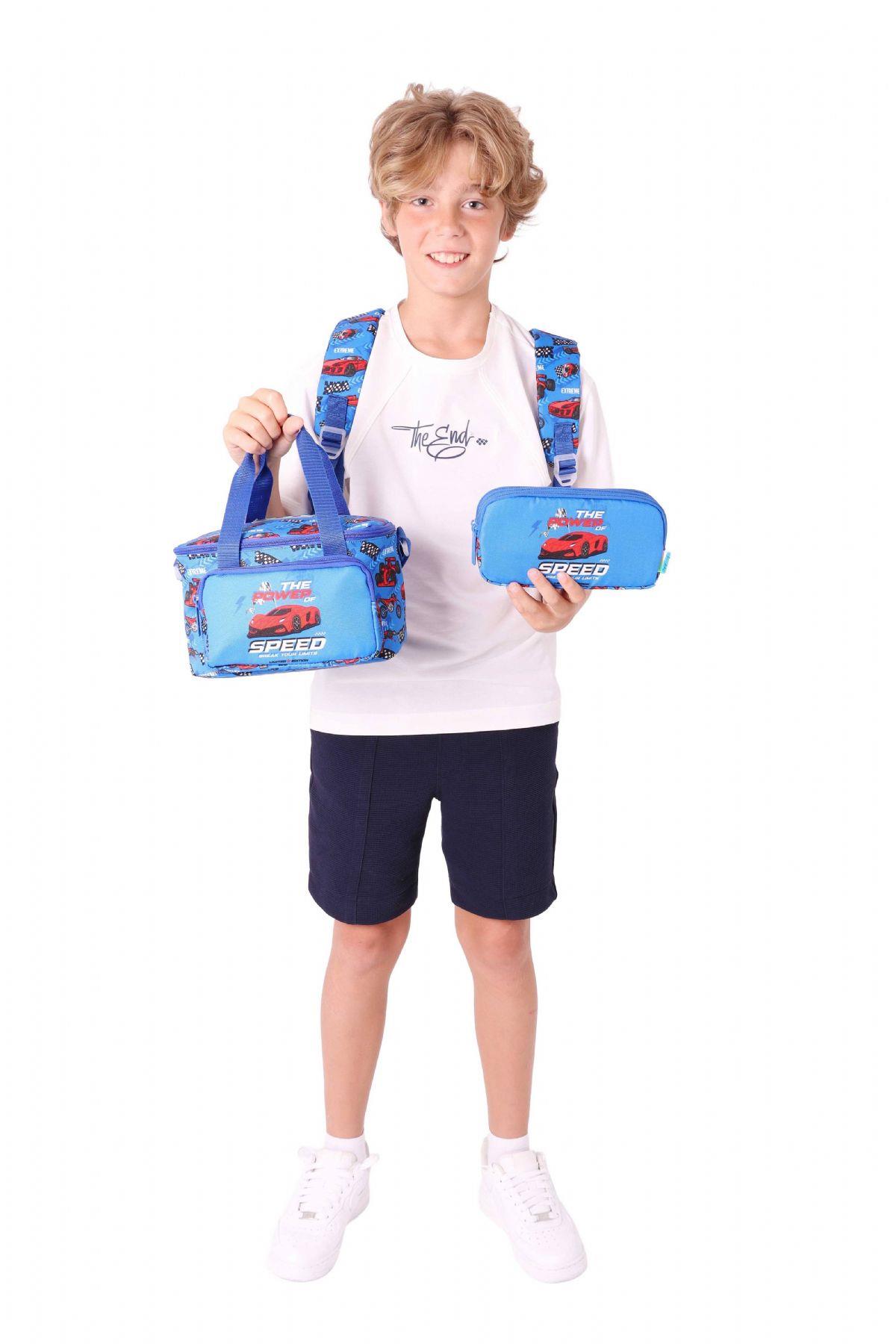 Kaukko Kids Üçlü Erkek Çocuk İlkokul Okul Çantası Seti (L5268+L7268+L8268) Mavi Kırmızı - Yarış Arabası Desenli