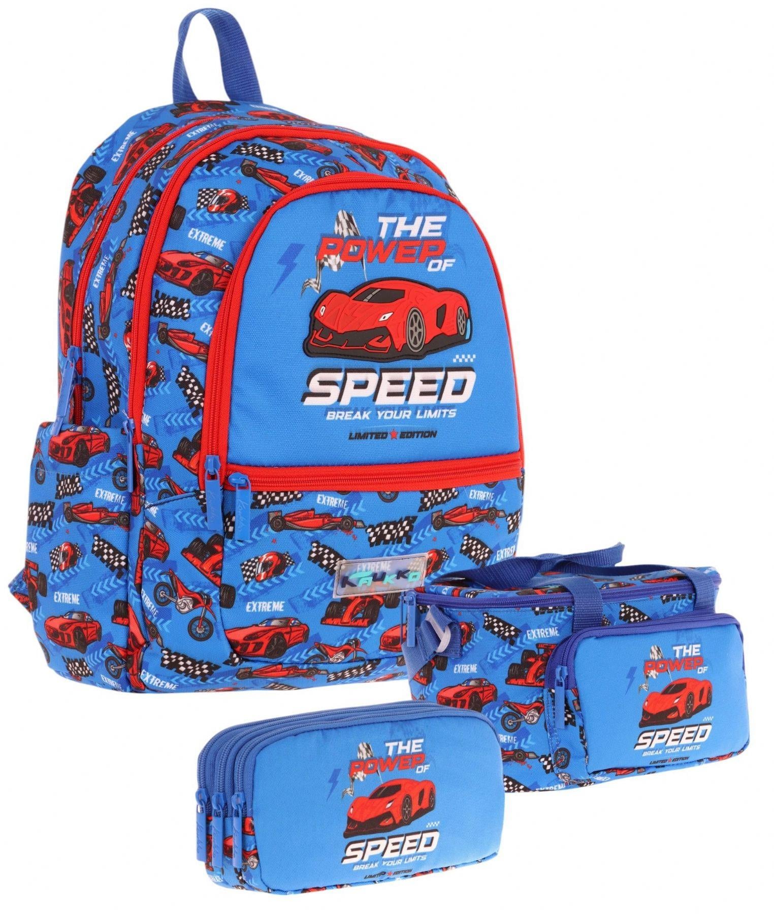 Kaukko Kids Üçlü Erkek Çocuk İlkokul Okul Çantası Seti (L5268+L7268+L8268) Mavi Kırmızı - Yarış Arabası Desenli
