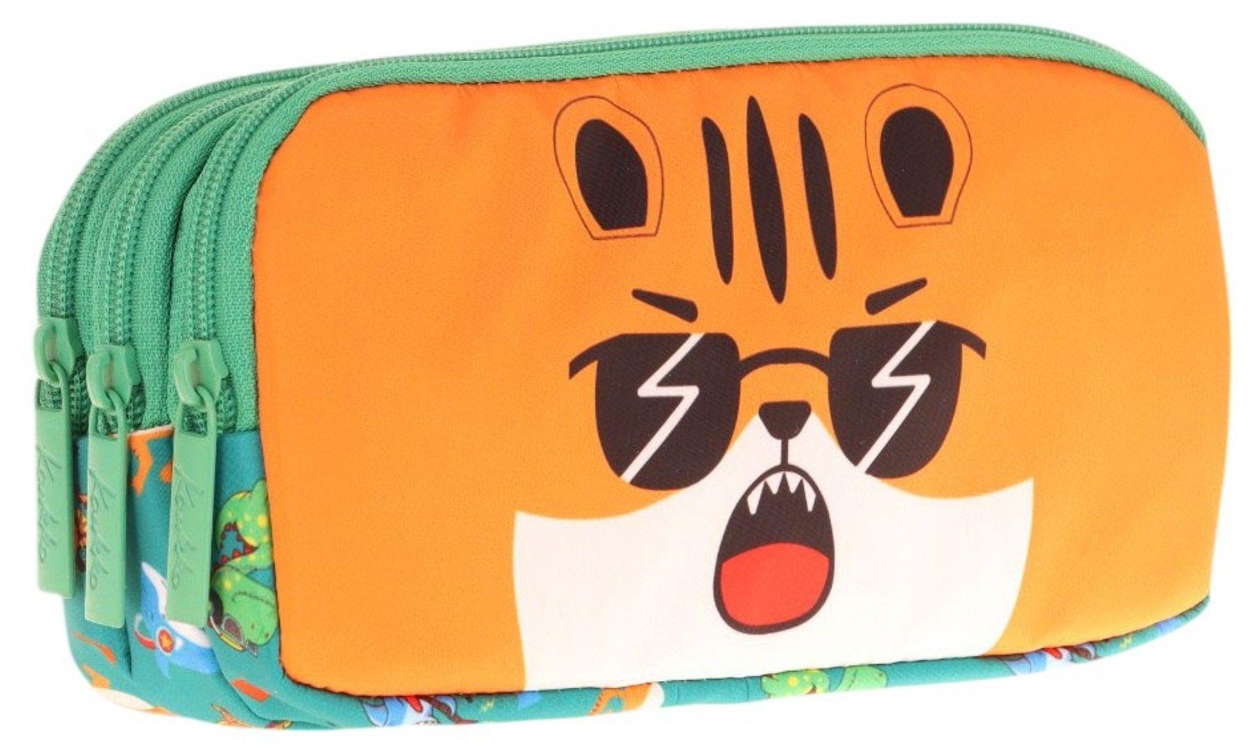 Kaukko Kids Yeşil Turuncu, Aslan, Erkek Çocuk Üç Bölmeli Okul Kalem Çantası - L8254