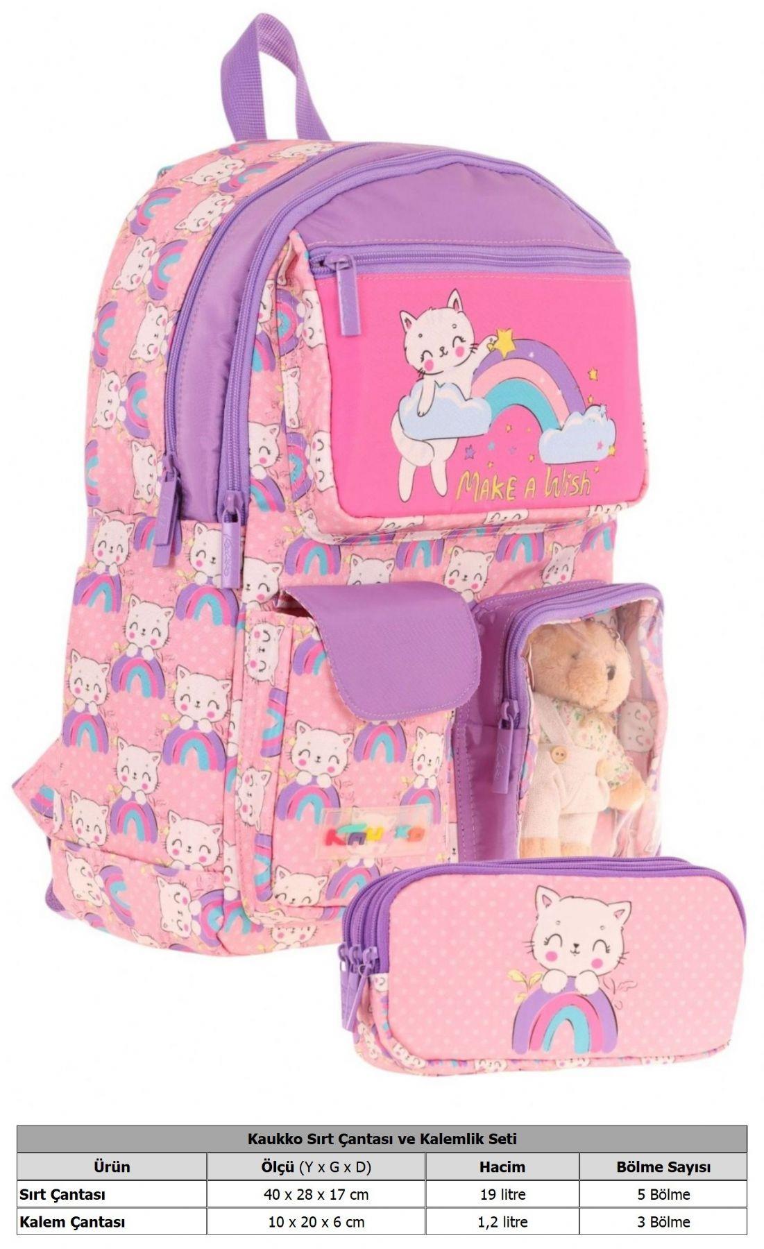 Kaukko Kız Çocuk Beş Bölmeli Okul Çantası ve Üç Bölmeli Kalemlik Seti - Peluş Kedili - Pembe Mor