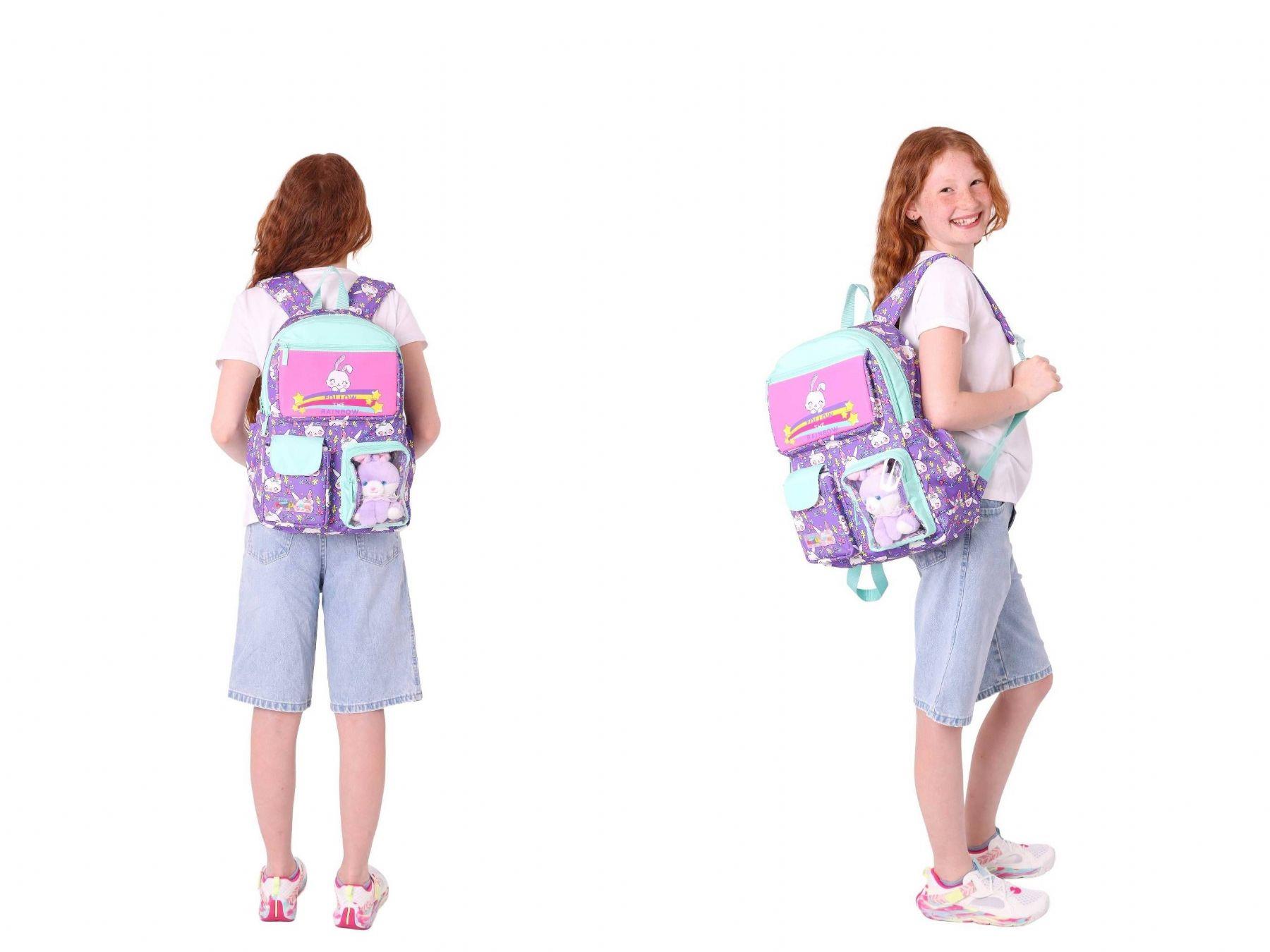 Kaukko Kız Çocuk Beş Bölmeli Okul Çantası ve Üç Bölmeli Kalemlik Seti - Peluş Tavşanlı - Mor Yeşil