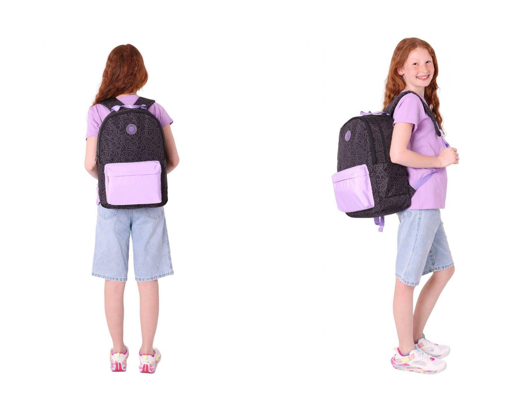 Kaukko Kız Çocuk Çizgi Desenli Üç Gözlü İlkokul Çantası ve Kalemlik Seti - Siyah Mor