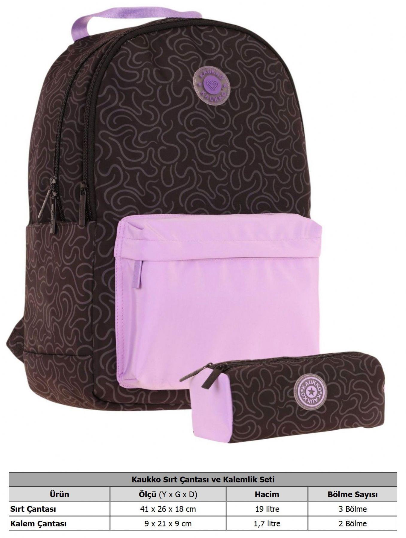 Kaukko Kız Çocuk Çizgi Desenli Üç Gözlü İlkokul Çantası ve Kalemlik Seti - Siyah Mor