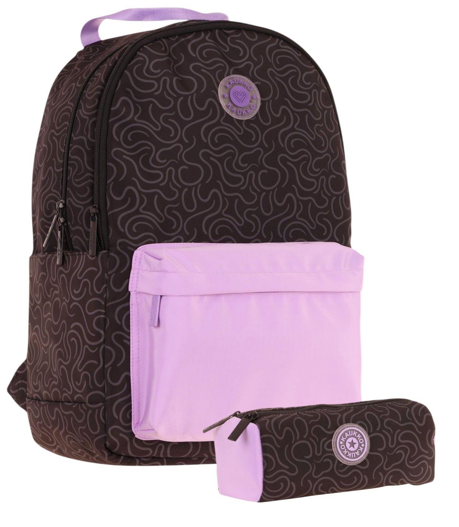 Kaukko Kız Çocuk Çizgi Desenli Üç Gözlü İlkokul Çantası ve Kalemlik Seti - Siyah Mor