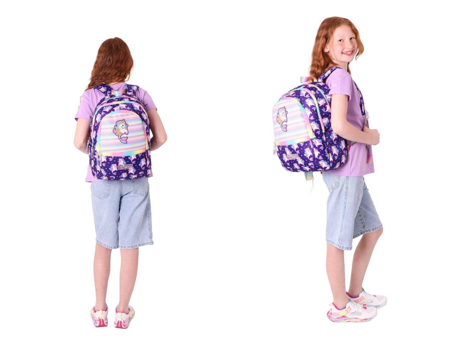 Kaukko Kız Çocuk Dört Gözlü Okul Çantası ve Üç Gözlü Kalem Çantası Seti - Mor - Unicorn (L5228+L8228)
