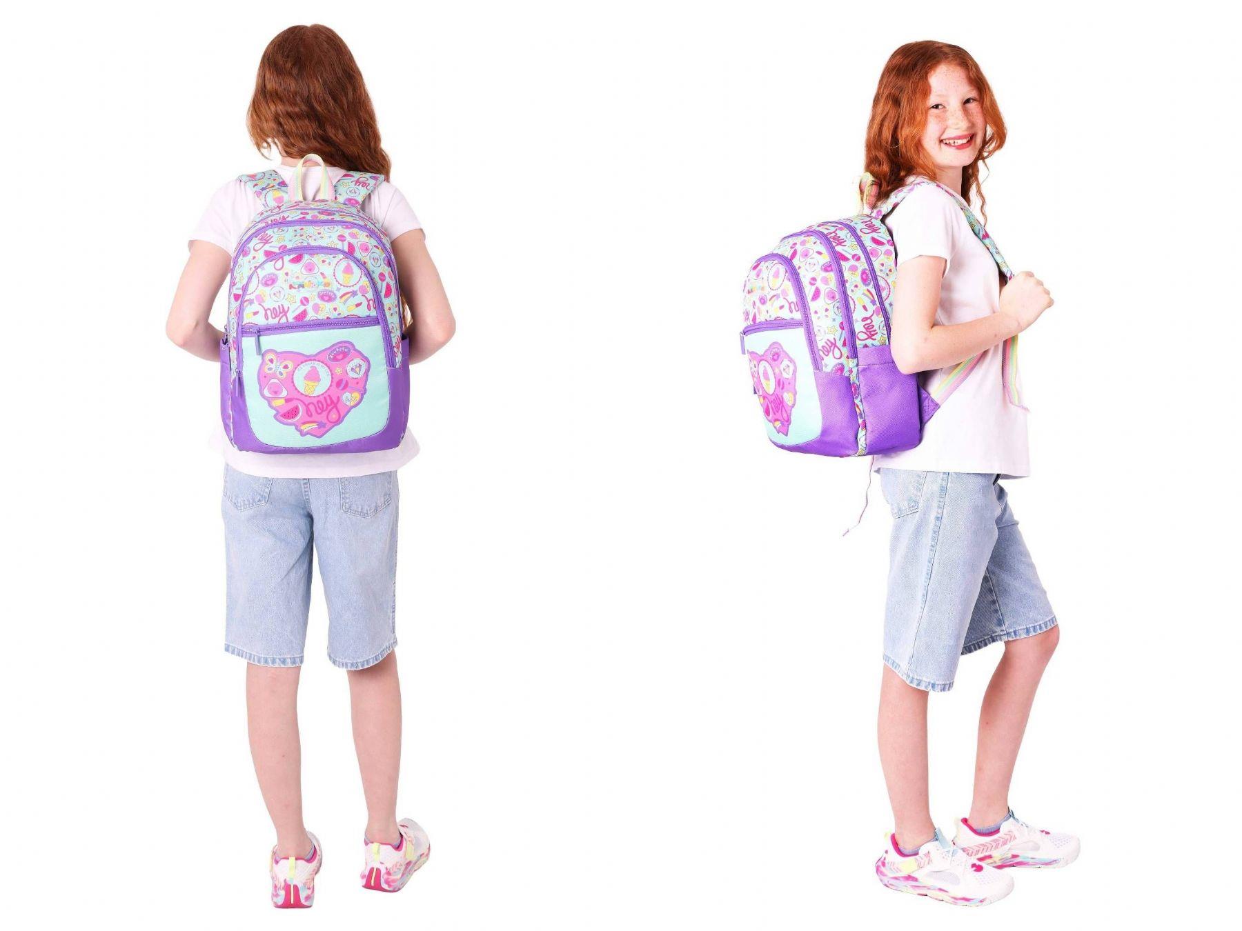 Kaukko Kız Çocuk Dört Gözlü Okul Çantası ve Üç Gözlü Kalem Çantası Seti - Mor Yeşil - Karpuz ve Dondurma (L5230+L8230)