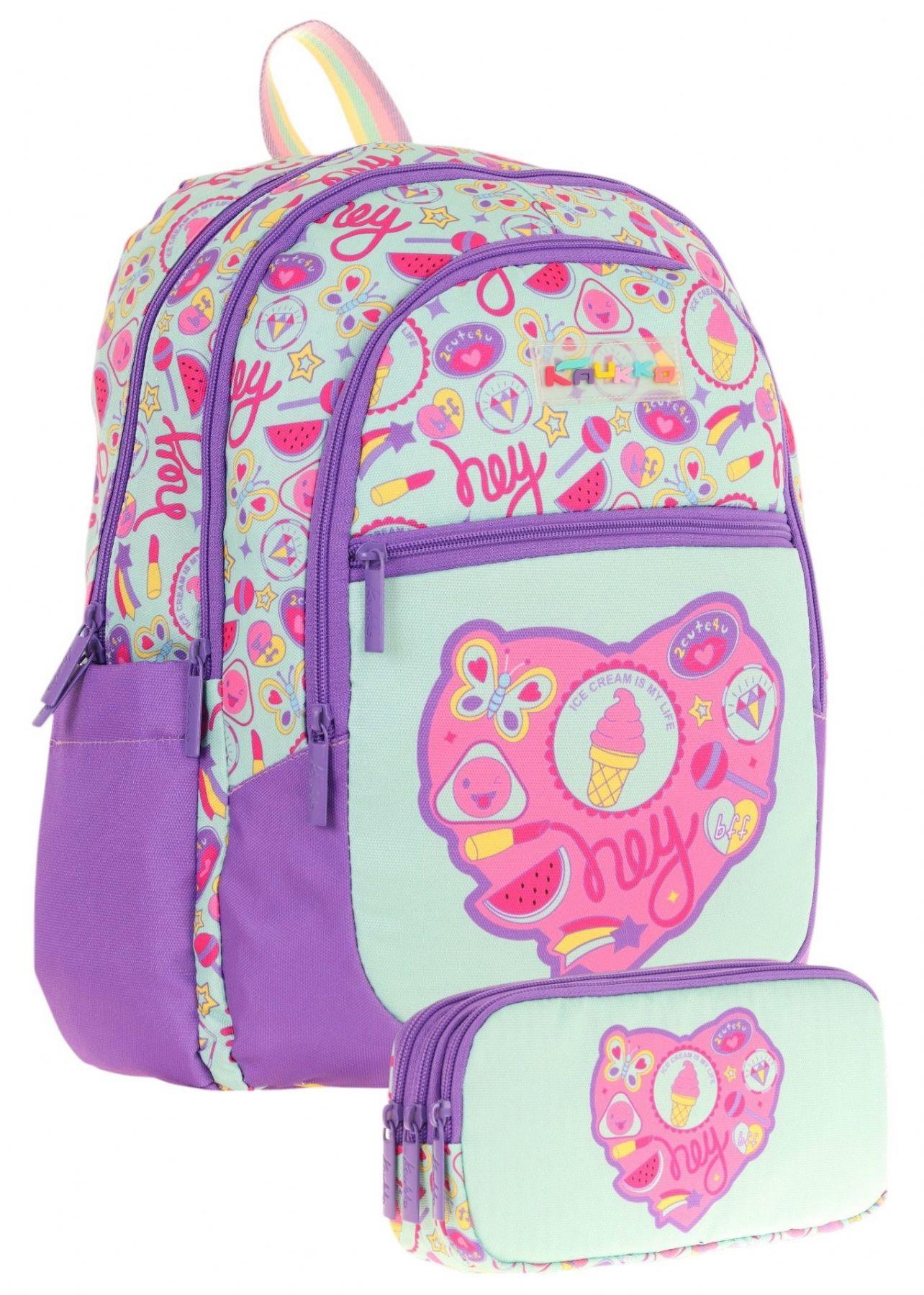Kaukko Kız Çocuk Dört Gözlü Okul Çantası ve Üç Gözlü Kalem Çantası Seti - Mor Yeşil - Karpuz ve Dondurma (L5230+L8230)