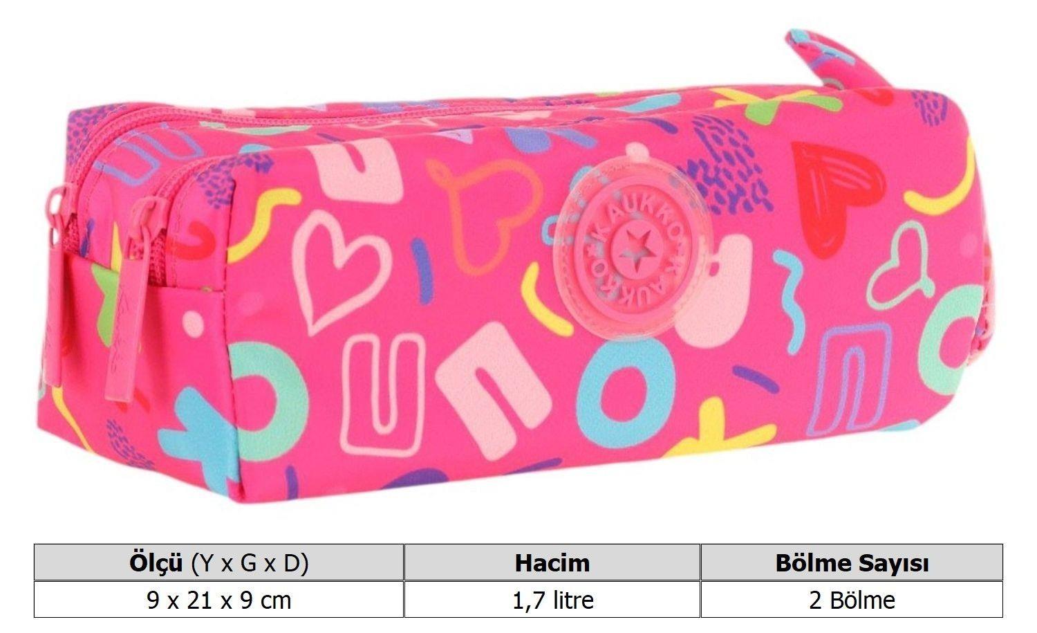 Kaukko Kız Çocuk İki Bölmeli Pembe Kaukko Kalp Baskılı Kalem Çantası/Kalemlik - K2694