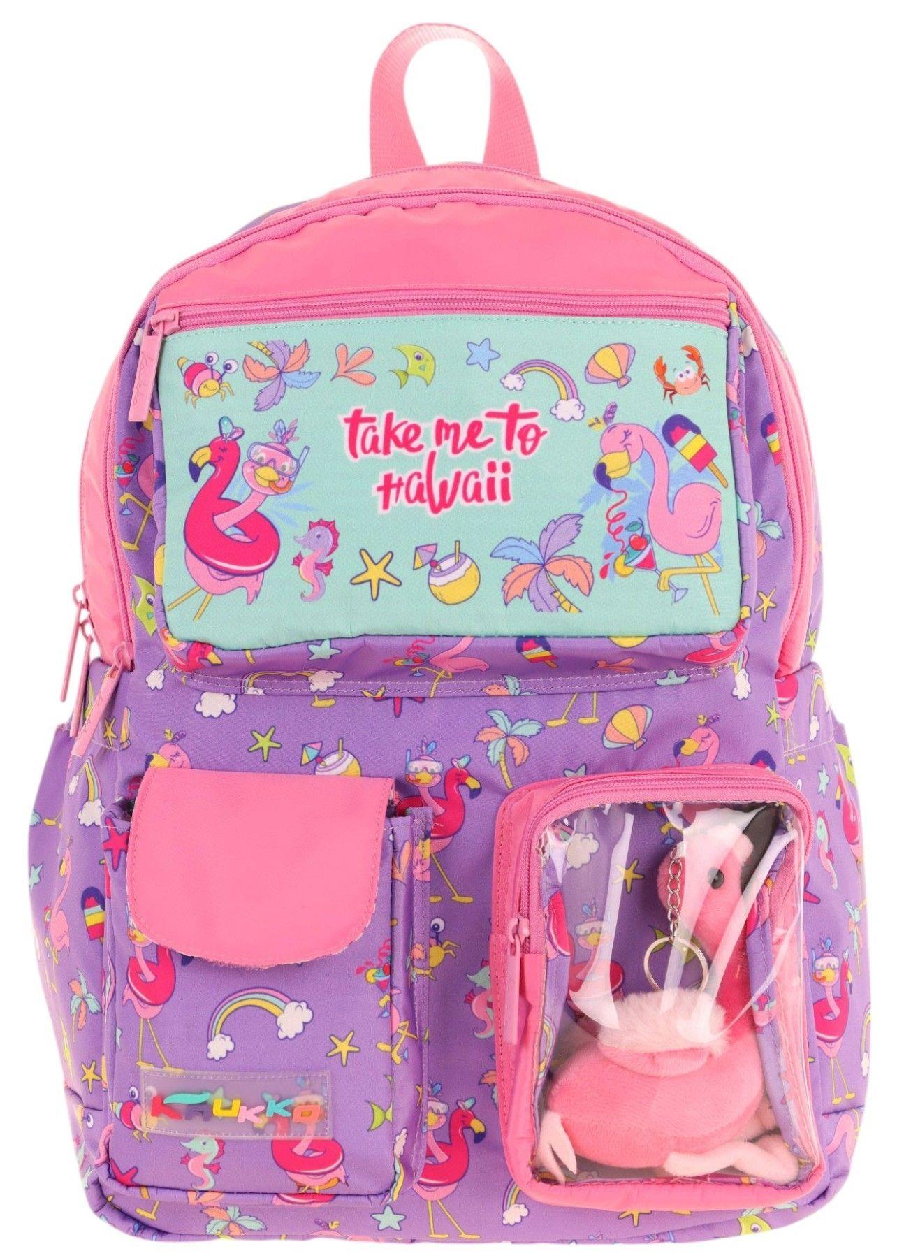 Kaukko Kız Çocuk Peluş Flamingolu İlkokul Okul Sırt Çantası - Mor Pembe - L5240
