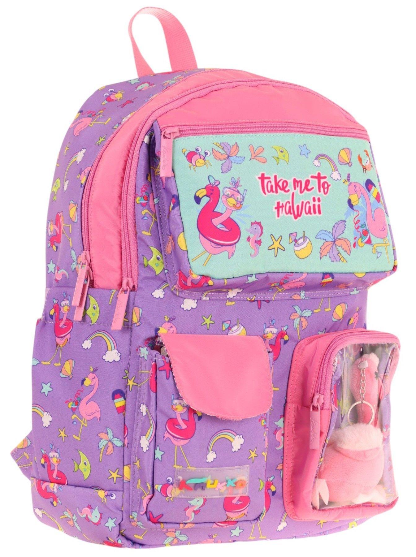 Kaukko Kız Çocuk Peluş Flamingolu İlkokul Okul Sırt Çantası - Mor Pembe - L5240