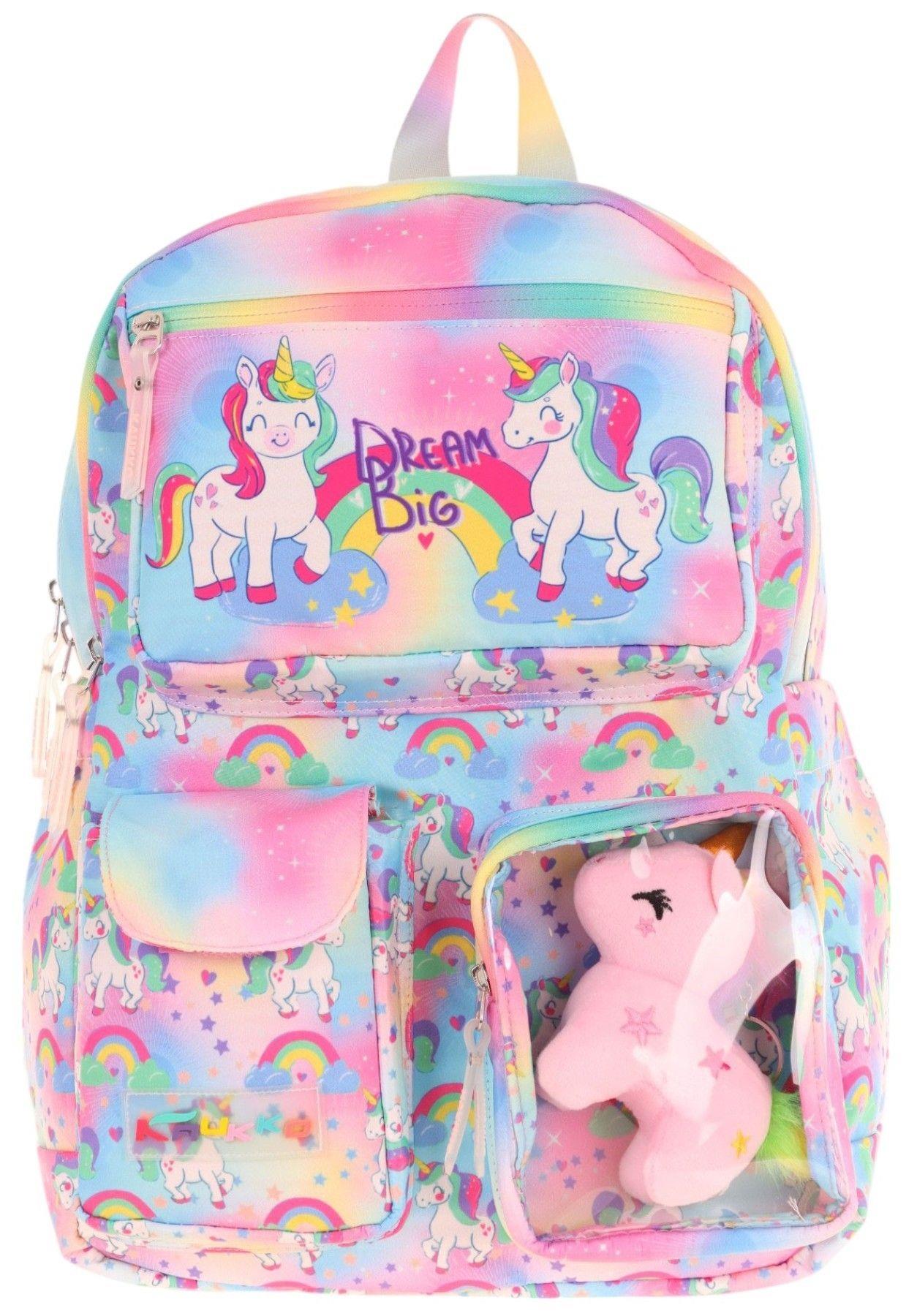 Kaukko Kız Çocuk Peluş Unicornlu İlkokul Okul Sırt Çantası - Pembe - L5243