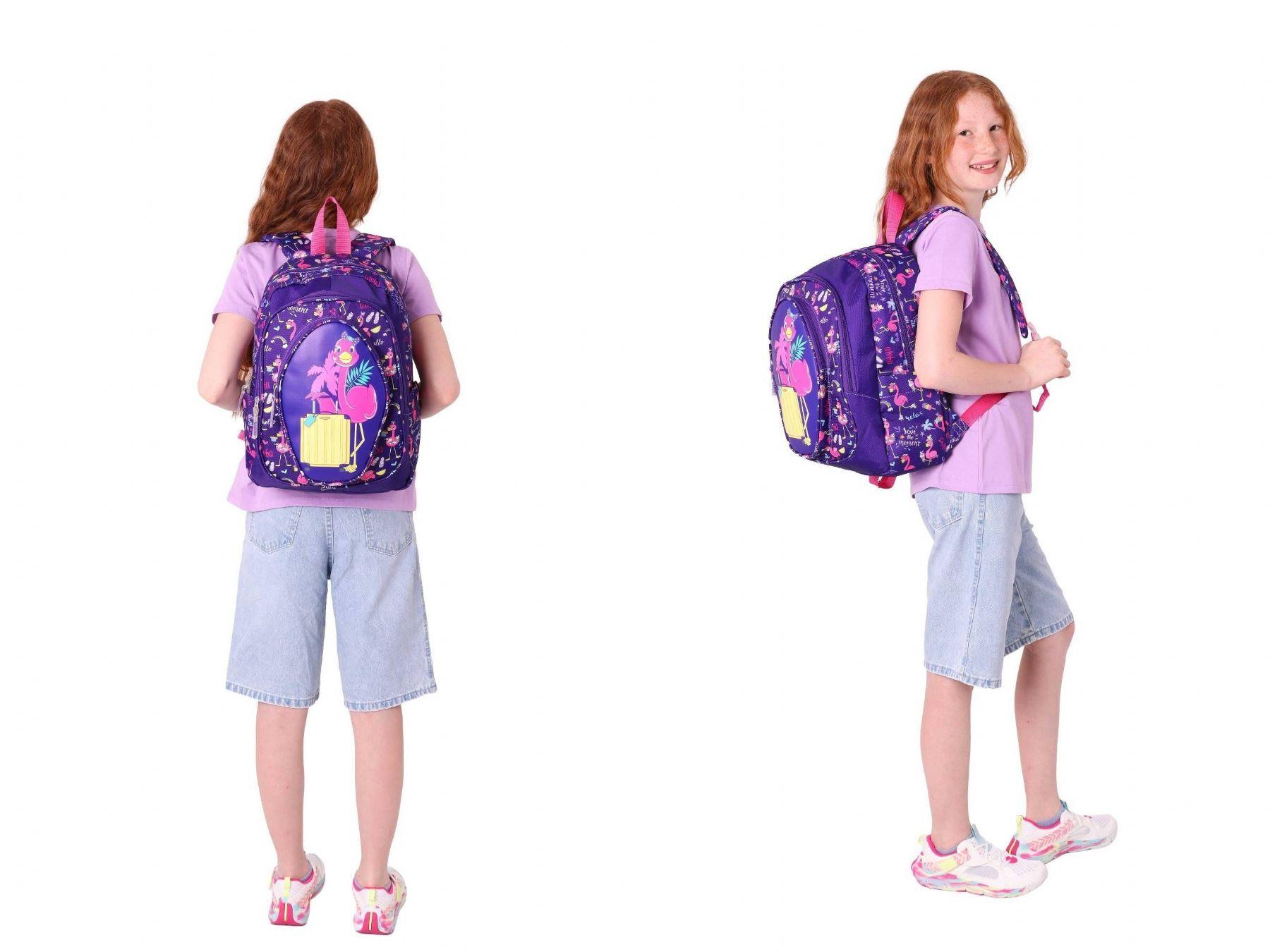 Kaukko Kız Çocuklar İçin Okul Sırt Çantası (L5223) ve Üç Bölmeli Kalemlik (L8223) Seti - Mor Pembe - Flamingo Detaylı