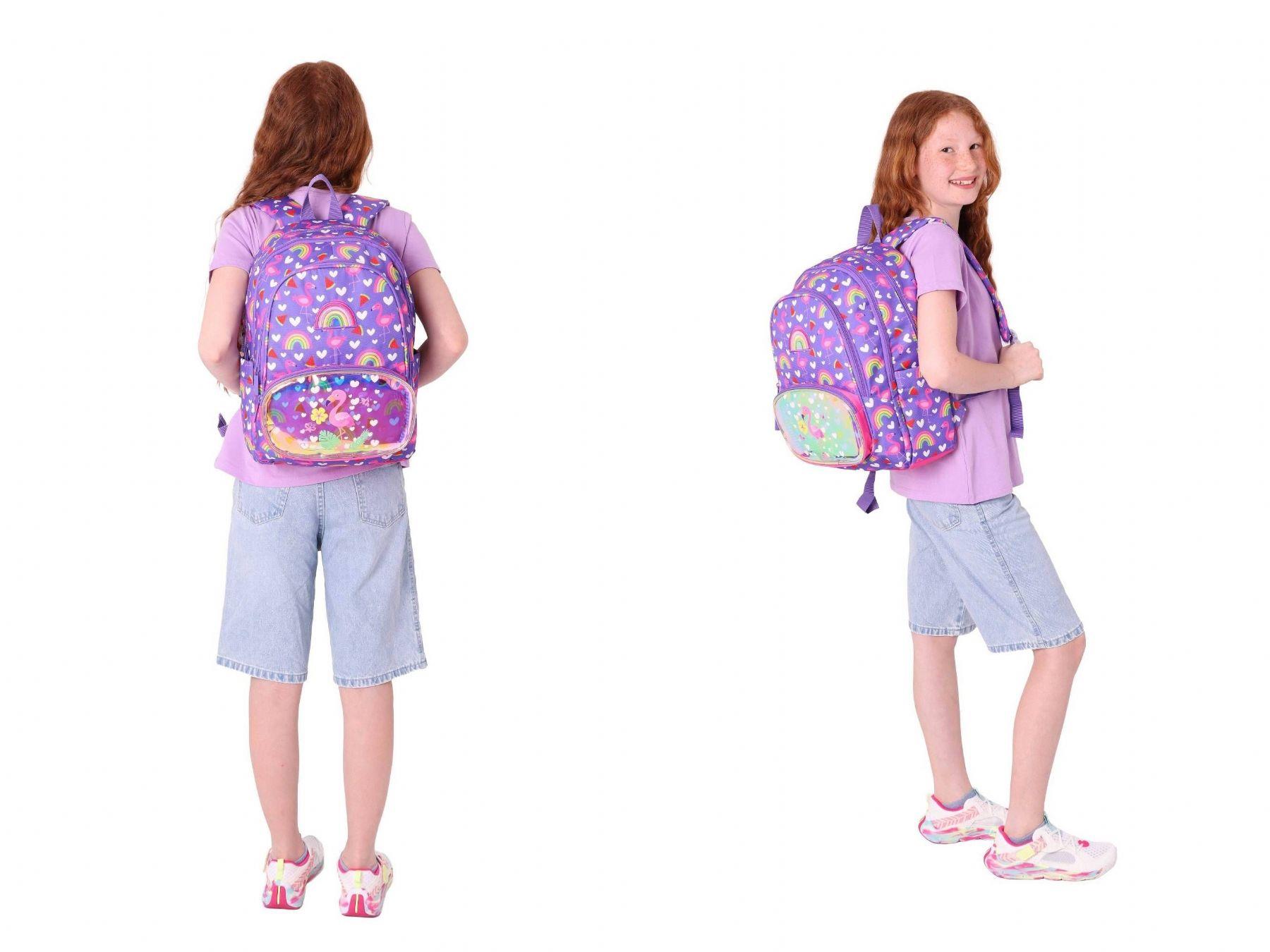 Kaukko Kız Çocuklar İçin Okul Sırt Çantası (L5226) ve Üç Bölmeli Kalemlik (L8226) Seti - Mor Pembe - Flamingo Nakışlı ve Baskılı