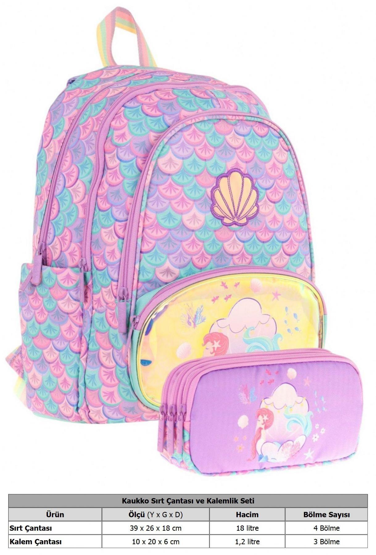 Kaukko Kız Çocuklar İçin Okul Sırt Çantası (L5225) ve Üç Bölmeli Kalemlik (L8225) Seti - Pembe Yeşil - Denizkızı Nakışlı ve Baskılı