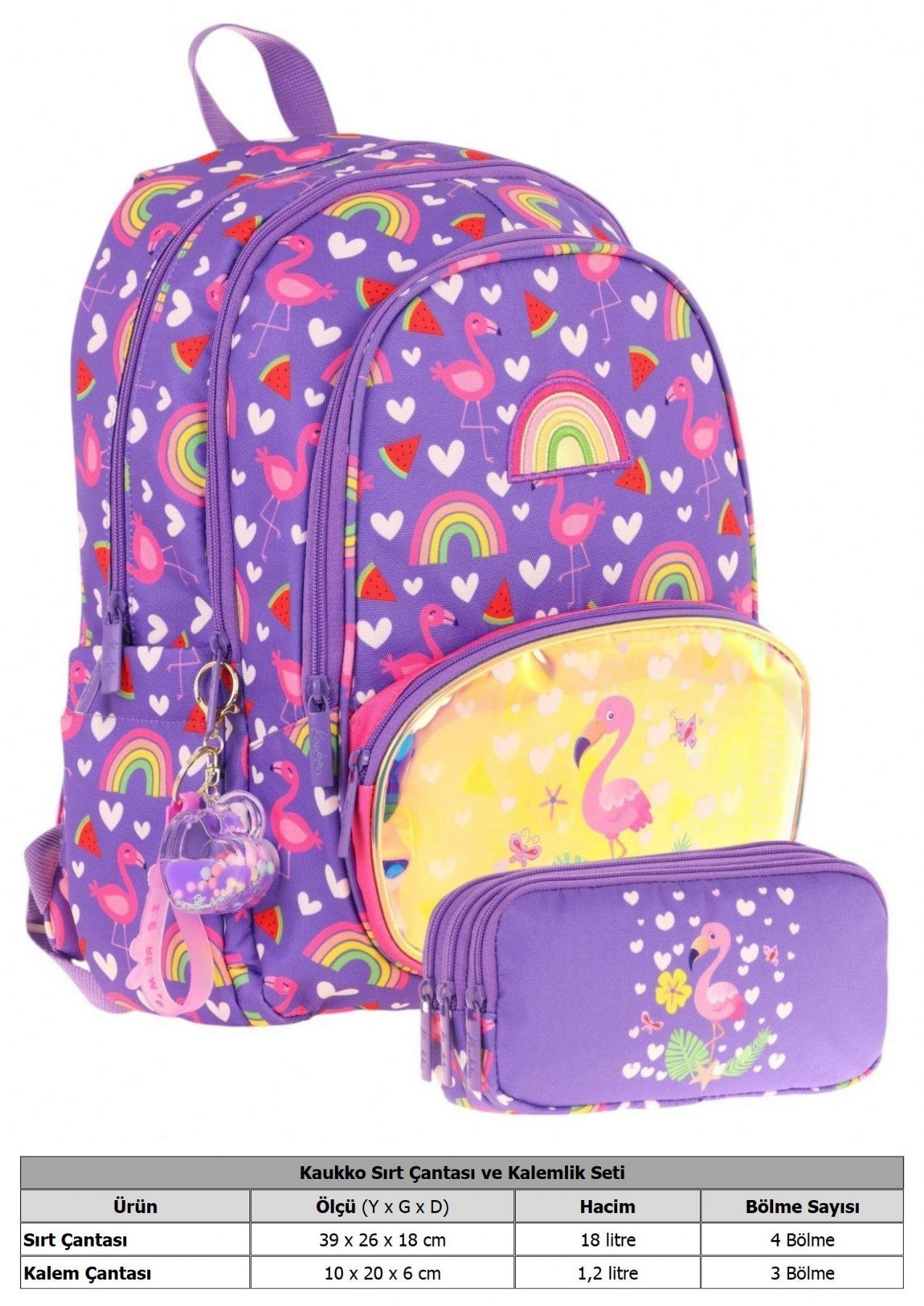 Kaukko Kız Çocuklar İçin Okul Sırt Çantası (L5226) ve Üç Bölmeli Kalemlik (L8226) Seti - Mor Pembe - Flamingo Nakışlı ve Baskılı