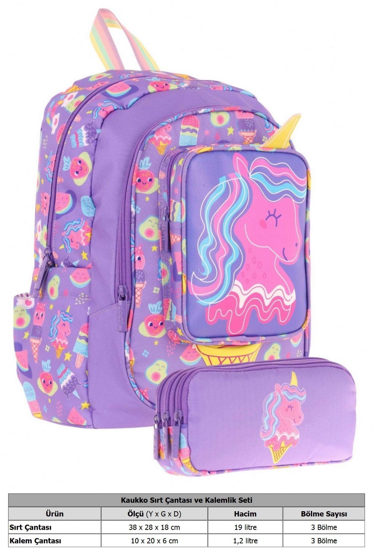 Kaukko Kız Çocuklar İçin Okul Sırt Çantası (L5224) ve Üç Bölmeli Kalemlik (L8224) Seti - Mor Sarı - Unicorn Detaylı