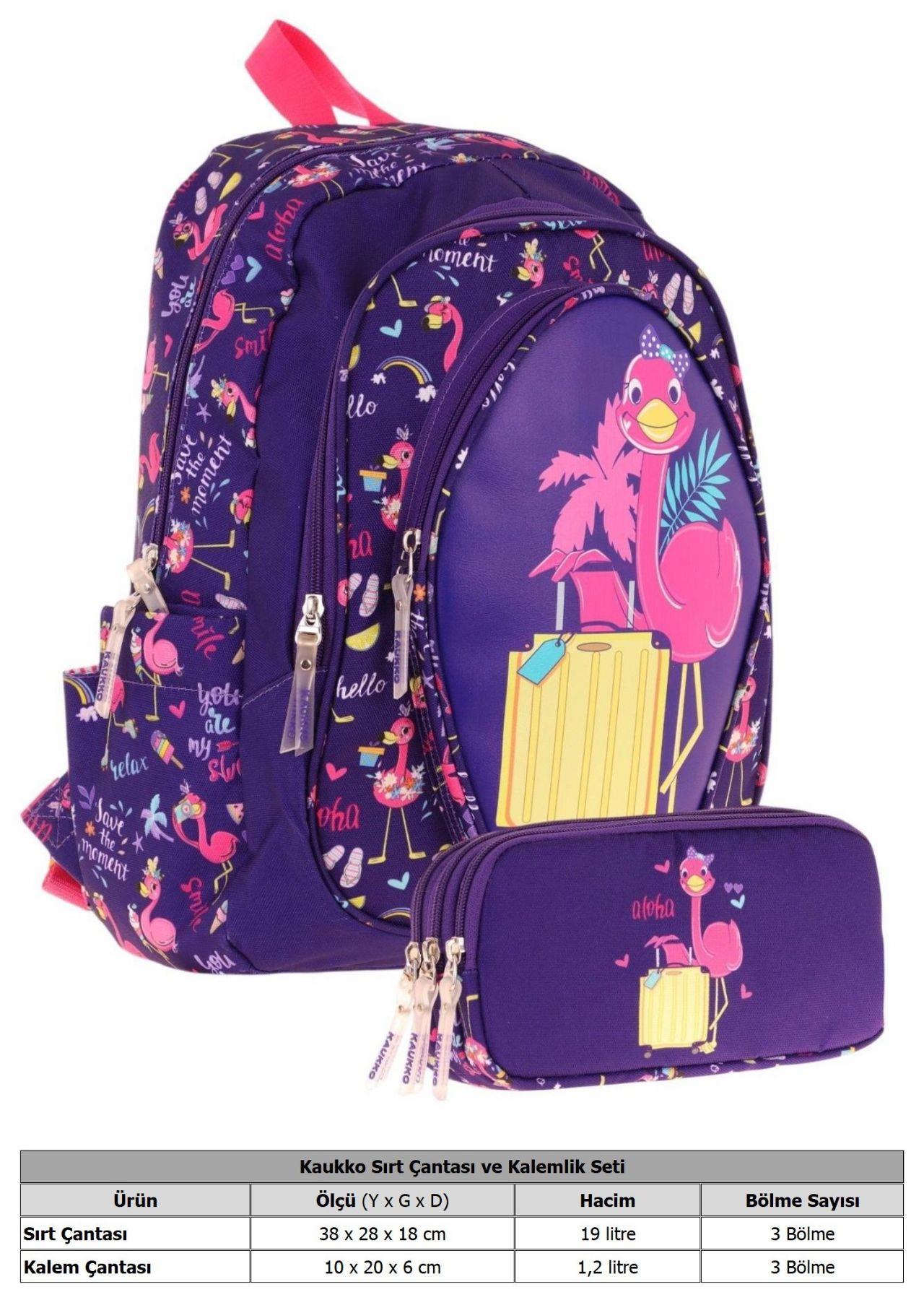 Kaukko Kız Çocuklar İçin Okul Sırt Çantası (L5223) ve Üç Bölmeli Kalemlik (L8223) Seti - Mor Pembe - Flamingo Detaylı