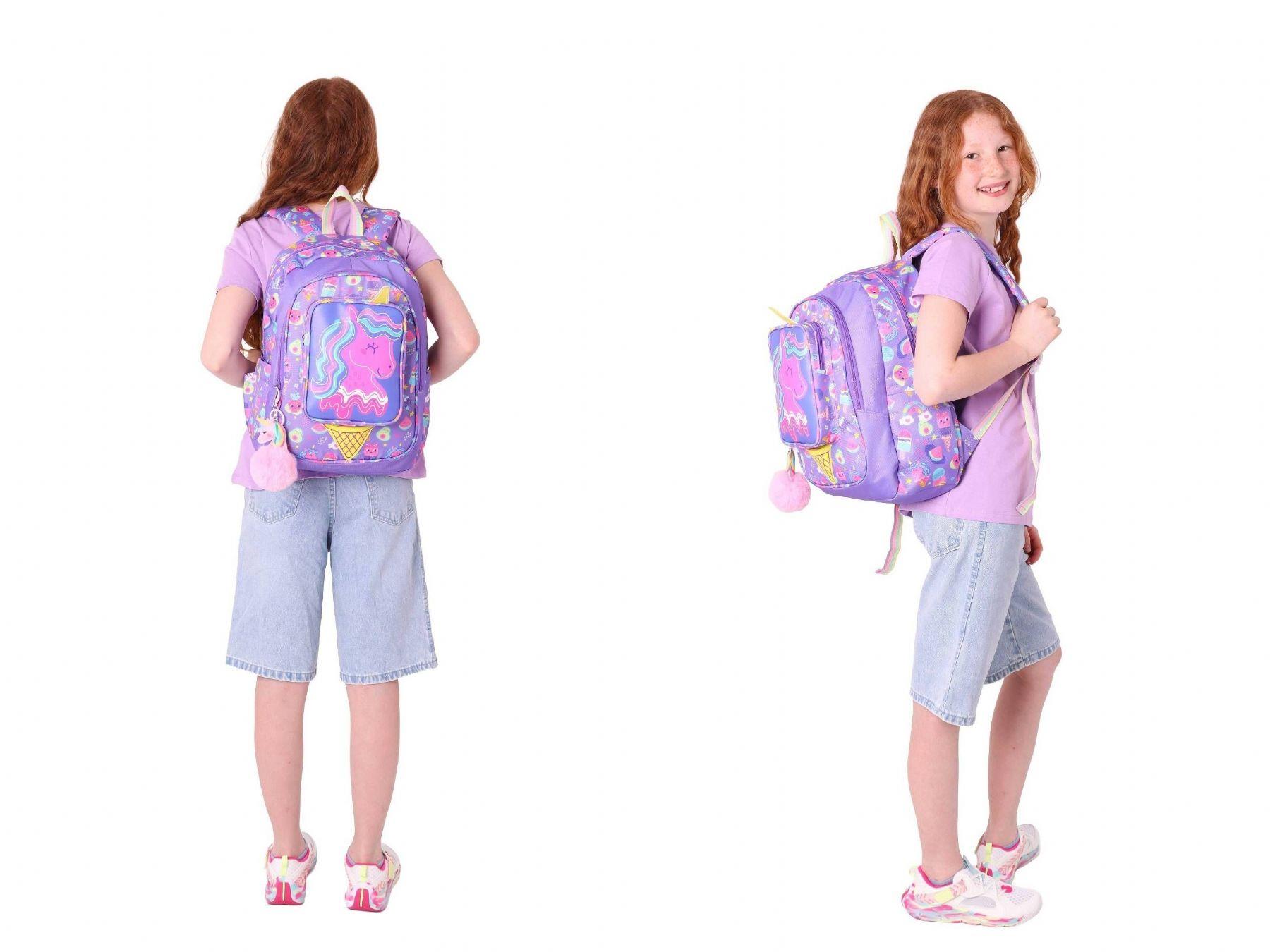 Kaukko Kız Çocuklar İçin Okul Sırt Çantası (L5224) ve Üç Bölmeli Kalemlik (L8224) Seti - Mor Sarı - Unicorn Detaylı