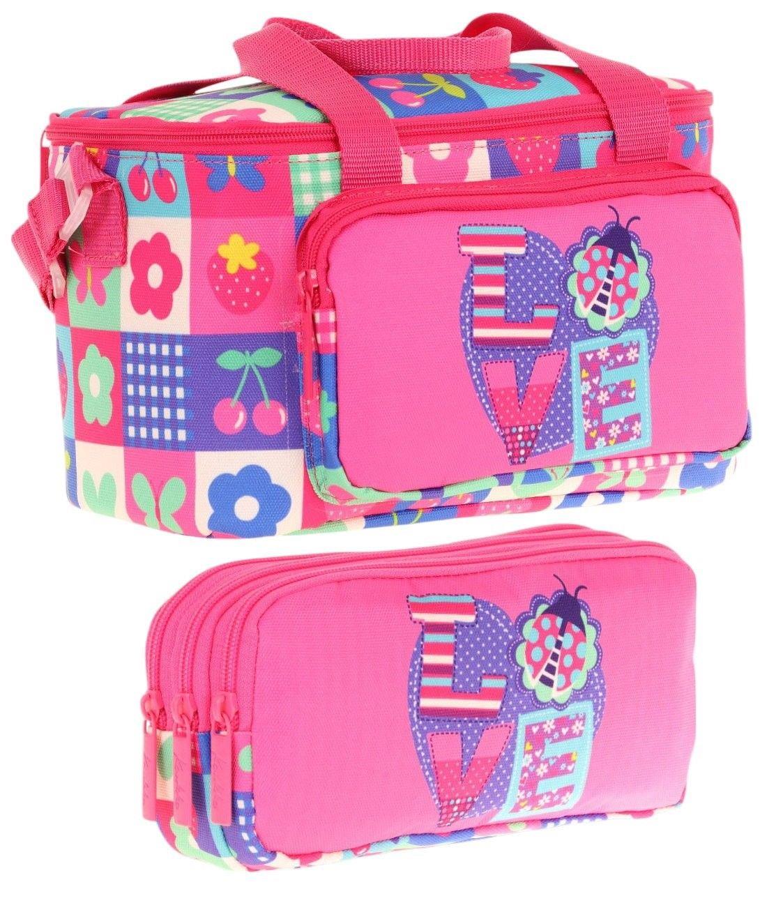 Kaukko (L7229+L8229) Beslenme Çantası (Isı Yalıtımlı) ve Kalem Çantası (Üç Bölme) Seti - Kız Çocuk - Pembe Kırmızı Love Desenli