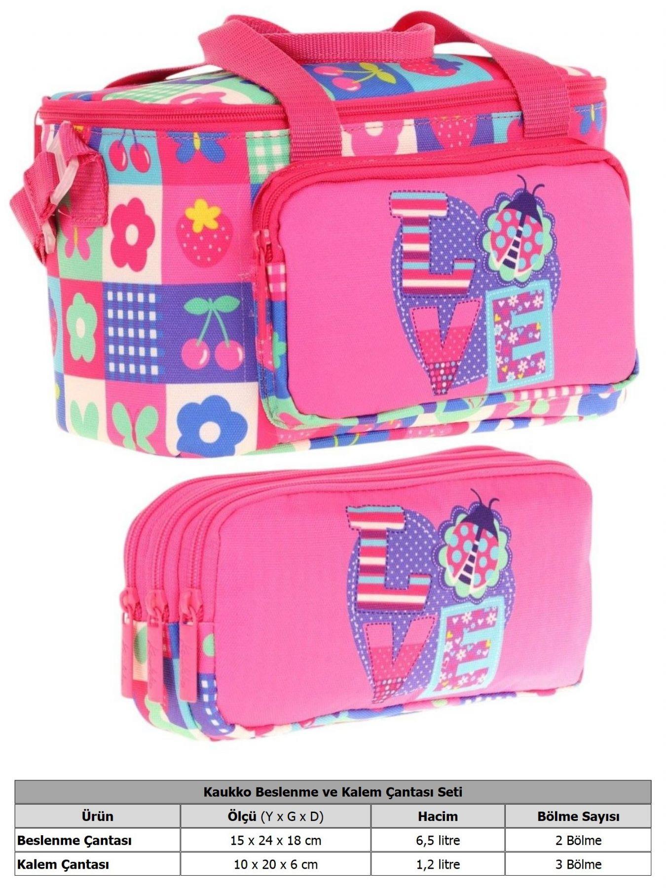 Kaukko (L7229+L8229) Beslenme Çantası (Isı Yalıtımlı) ve Kalem Çantası (Üç Bölme) Seti - Kız Çocuk - Pembe Kırmızı Love Desenli