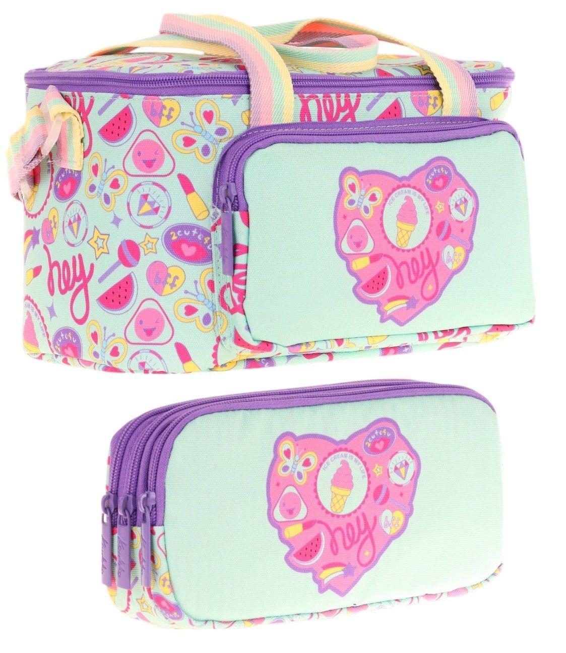 Kaukko (L7230+L8230) Beslenme Çantası (Isı Yalıtımlı) ve Kalem Çantası (Üç Bölme) Seti - Kız Çocuk - Yeşil Mor Kalp Desenli
