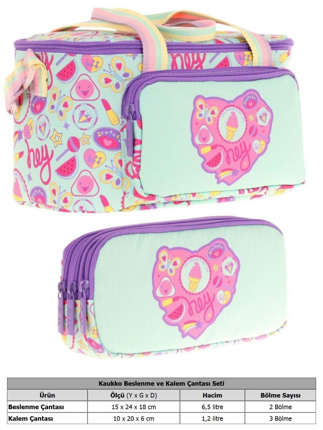 Kaukko (L7230+L8230) Beslenme Çantası (Isı Yalıtımlı) ve Kalem Çantası (Üç Bölme) Seti - Kız Çocuk - Yeşil Mor Kalp Desenli