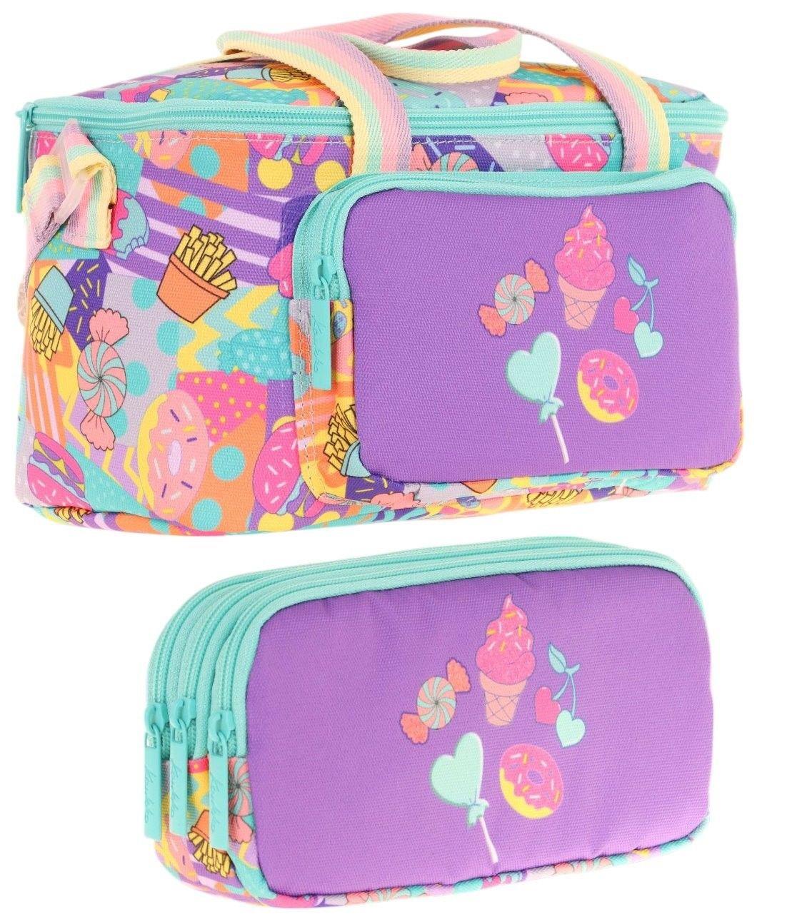 Kaukko (L7231+L8231) Beslenme Çantası (Isı Yalıtımlı) ve Kalem Çantası (Üç Bölme) Seti - Kız Çocuk - Mor Yeşil Şekerleme Desenli