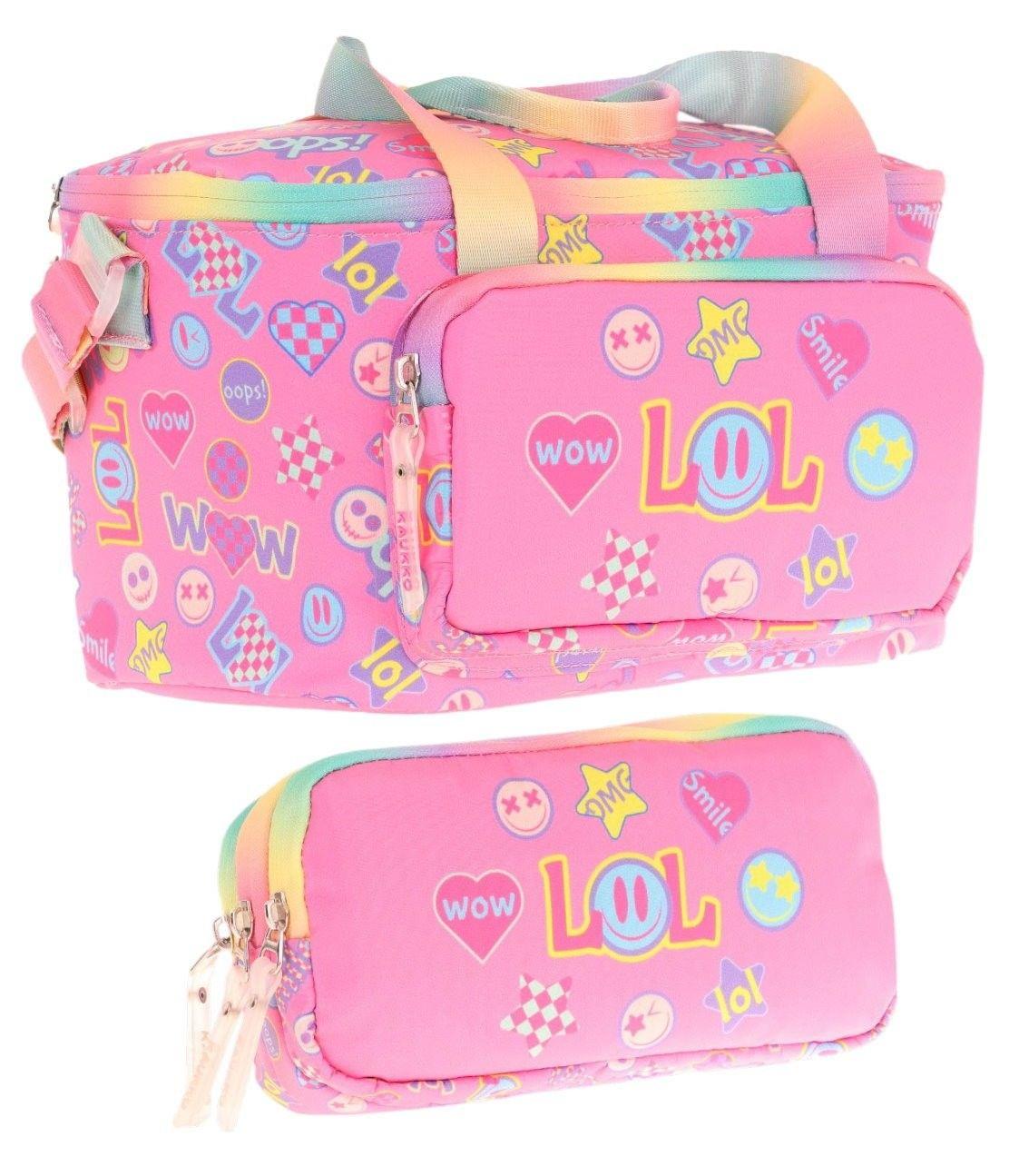 Kaukko (L7237+L8237) Beslenme Çantası (Isı Yalıtımlı) ve Kalem Çantası (Üç Bölme) Seti - Kız Çocuk - Pembe Lol Baskılı