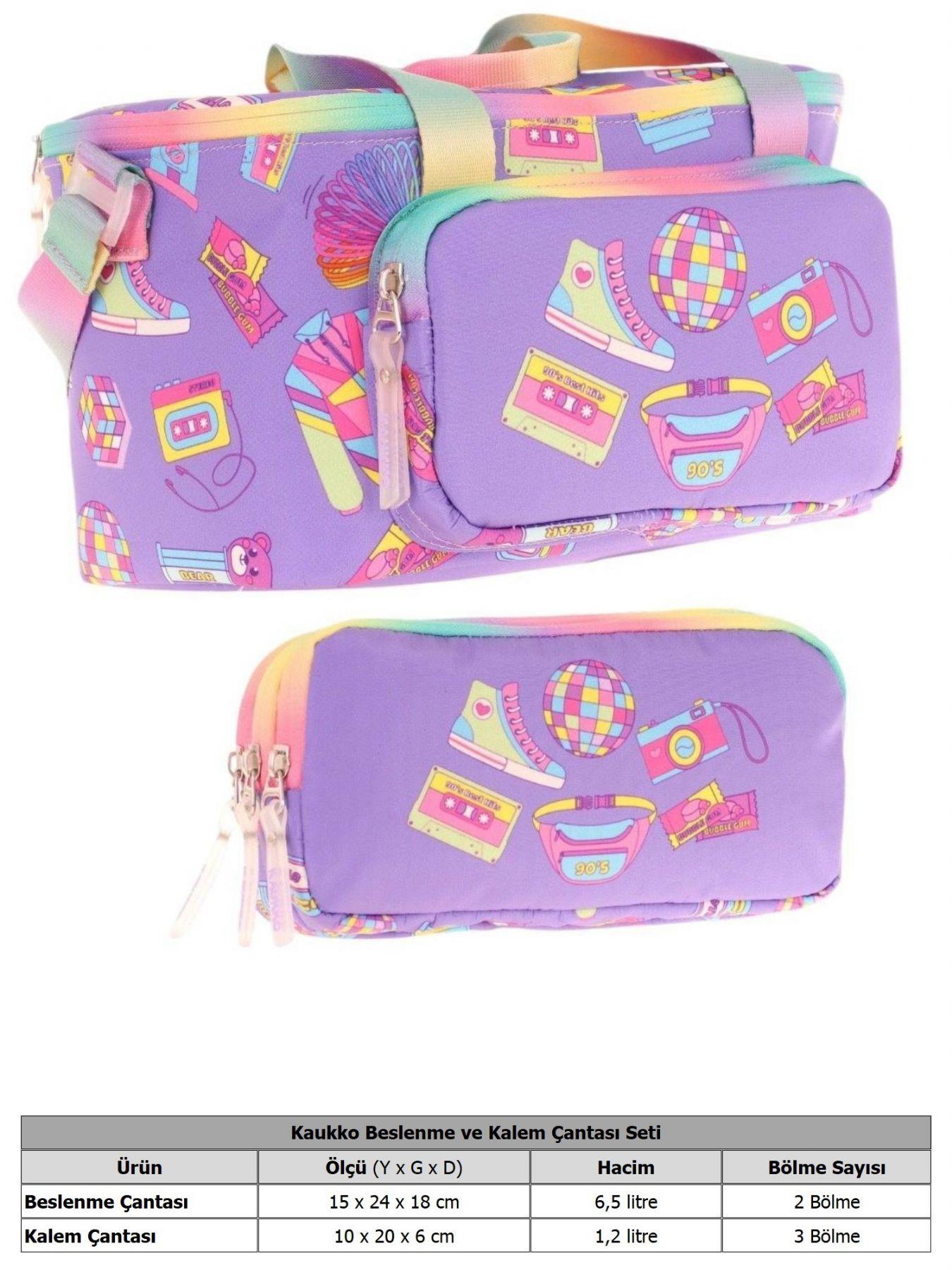 Kaukko (L7238+L8238) Beslenme Çantası (Isı Yalıtımlı) ve Kalem Çantası (Üç Bölme) Seti - Kız Çocuk - Mor Hobi Baskılı