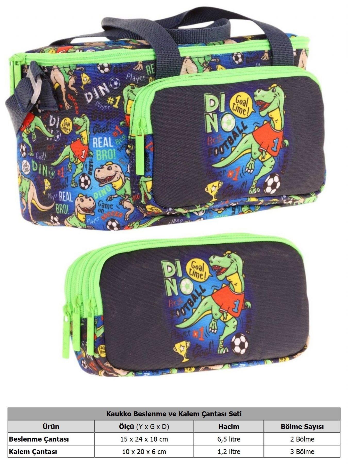 Kaukko (L7266+L8266) Beslenme Çantası (Isı Yalıtımlı) ve Kalem Çantası (Üç Bölme) Seti - Erkek Çocuk - Lacivert Yeşil Dinazor Baskılı