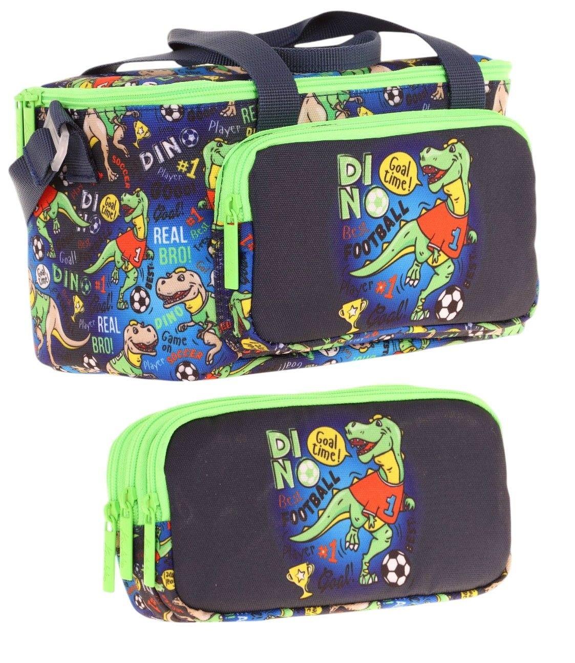 Kaukko (L7266+L8266) Beslenme Çantası (Isı Yalıtımlı) ve Kalem Çantası (Üç Bölme) Seti - Erkek Çocuk - Lacivert Yeşil Dinazor Baskılı