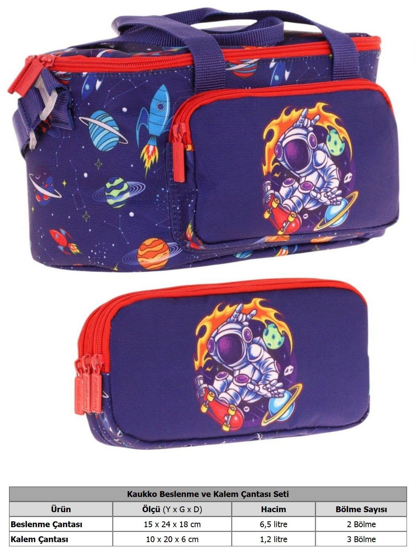 Kaukko (L7267+L8267) Beslenme Çantası (Isı Yalıtımlı) ve Kalem Çantası (Üç Bölme) Seti - Erkek Çocuk - Lacivert Kırmızı Astronot Baskılı