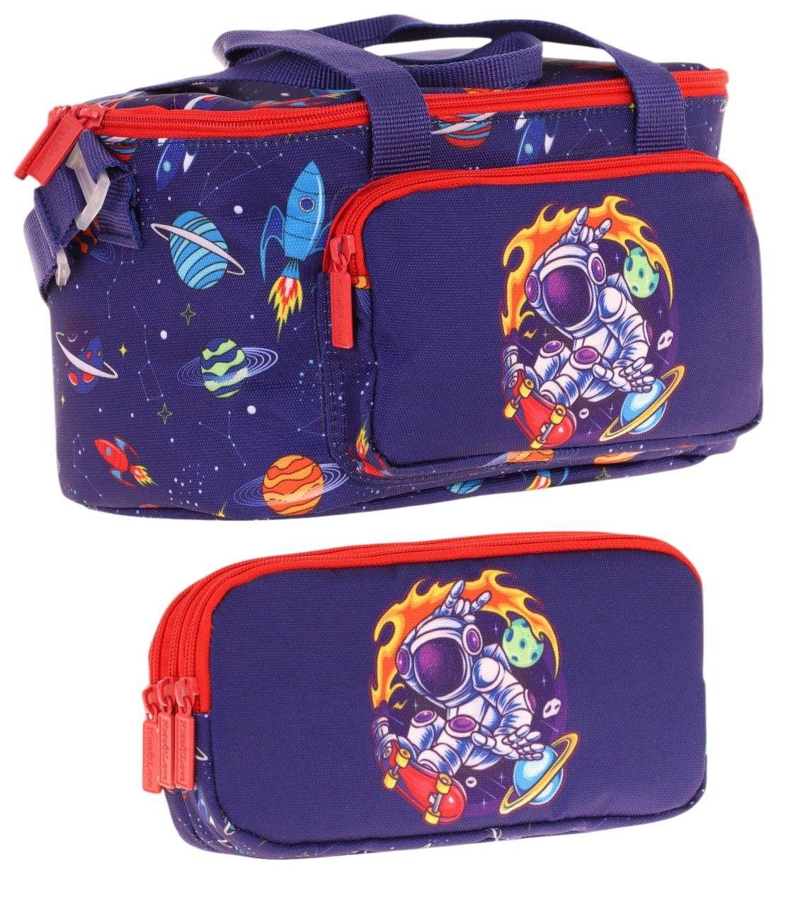 Kaukko (L7267+L8267) Beslenme Çantası (Isı Yalıtımlı) ve Kalem Çantası (Üç Bölme) Seti - Erkek Çocuk - Lacivert Kırmızı Astronot Baskılı