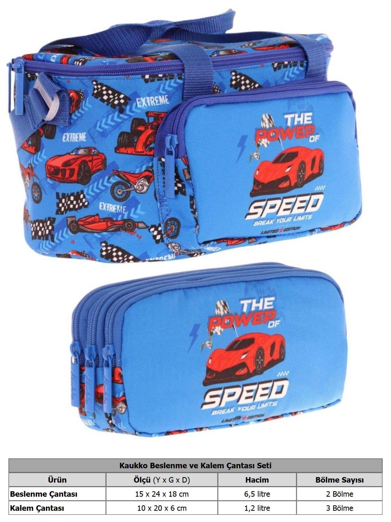 Kaukko (L7268+L8268) Beslenme Çantası (Isı Yalıtımlı) ve Kalem Çantası (Üç Bölme) Seti - Erkek Çocuk - Mavi Lacivert Yarış Arabası Desenli