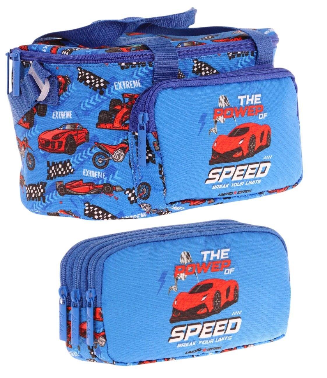 Kaukko (L7268+L8268) Beslenme Çantası (Isı Yalıtımlı) ve Kalem Çantası (Üç Bölme) Seti - Erkek Çocuk - Mavi Lacivert Yarış Arabası Desenli