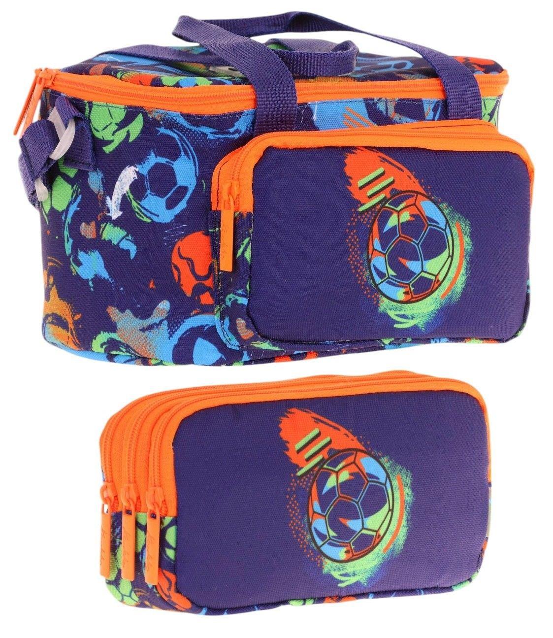 Kaukko (L7269+L8269) Beslenme Çantası (Isı Yalıtımlı) ve Kalem Çantası (Üç Bölme) Seti - Erkek Çocuk - Lacivert Turuncu Futbol Topu Baskılı
