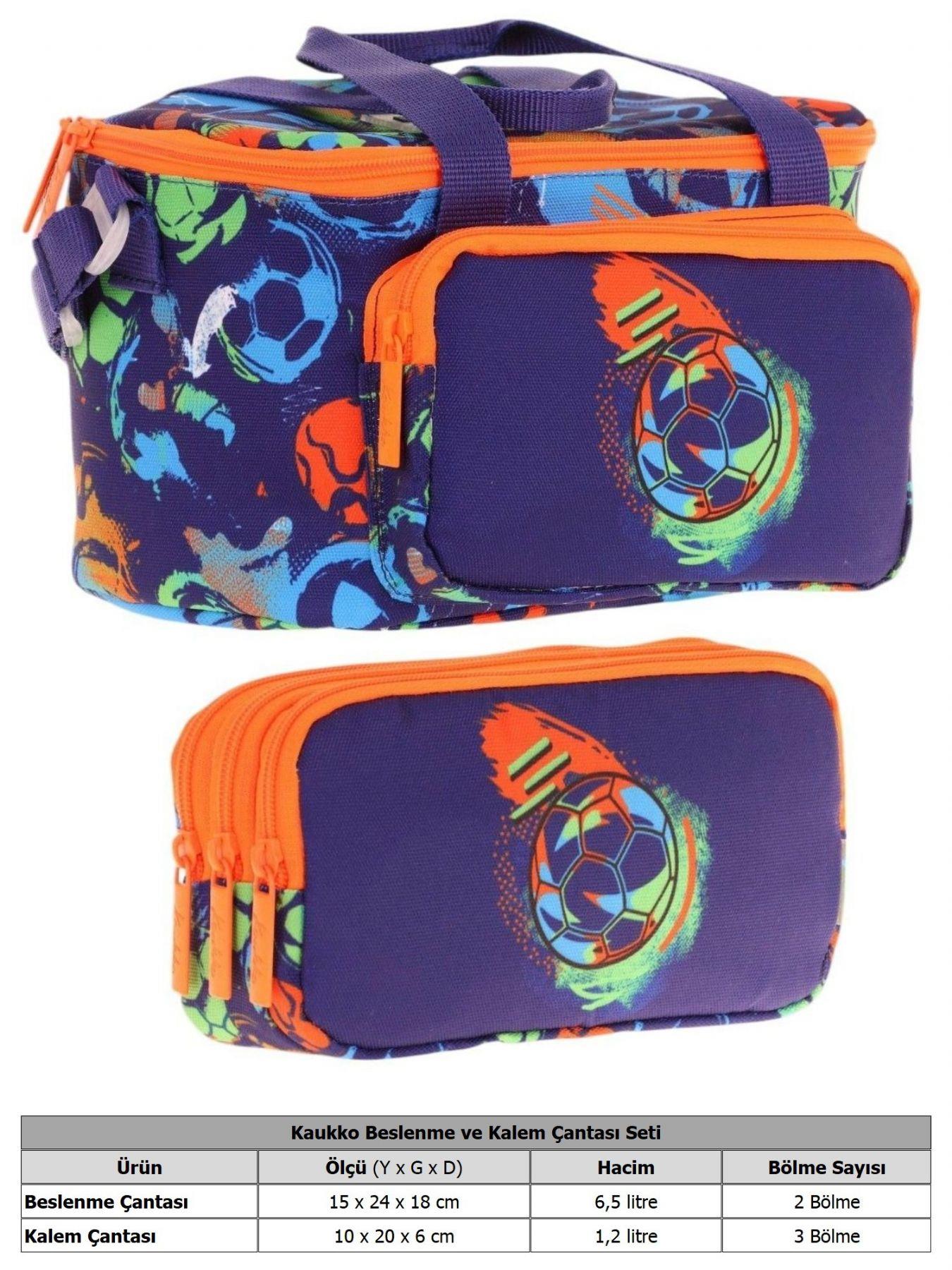 Kaukko (L7269+L8269) Beslenme Çantası (Isı Yalıtımlı) ve Kalem Çantası (Üç Bölme) Seti - Erkek Çocuk - Lacivert Turuncu Futbol Topu Baskılı