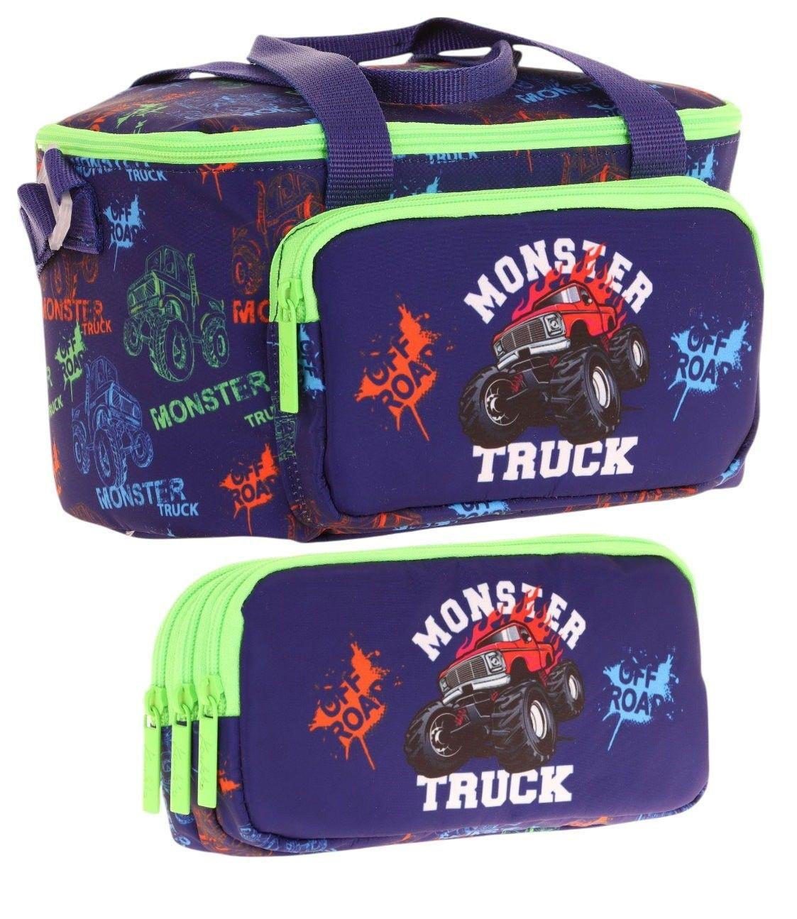 Kaukko (L7279+L8279) Beslenme Çantası (Isı Yalıtımlı) ve Kalem Çantası (Üç Bölme) Seti - Erkek Çocuk - Yeşil Lacivert Monster Truck