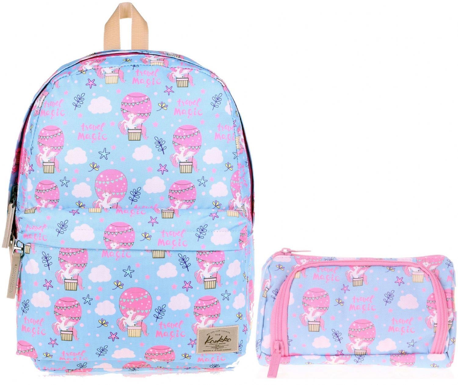 Kaukko Mavi Pembe Travel Magic Okul Sırt Çantası ve Kalemlik Seti - Kız Çocuk