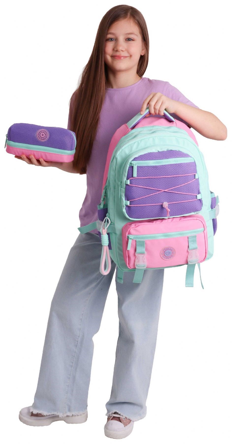 Kaukko Mesh Mint Kız Çocuk Yeşil - Mor - Pembe Okul Sırt Çantası ve Kalem Çantası Seti - SETKK-K1851C