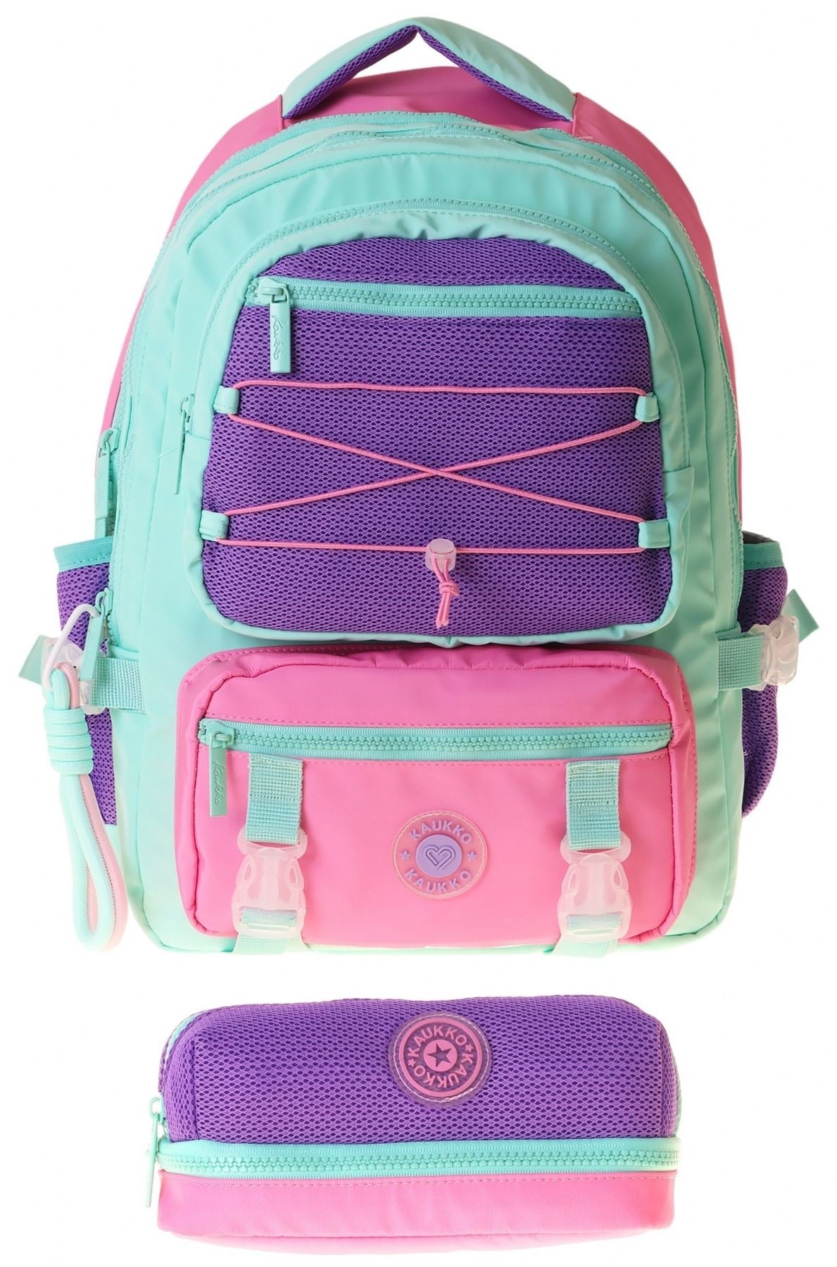 Kaukko Mesh Mint Kız Çocuk Yeşil - Mor - Pembe Okul Sırt Çantası ve Kalem Çantası Seti - SETKK-K1851C