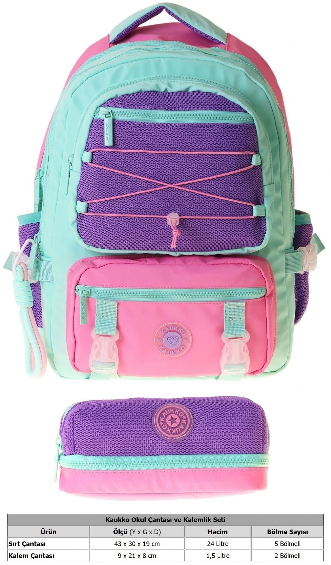 Kaukko Mesh Mint Kız Çocuk Yeşil - Mor - Pembe Okul Sırt Çantası ve Kalem Çantası Seti - SETKK-K1851C