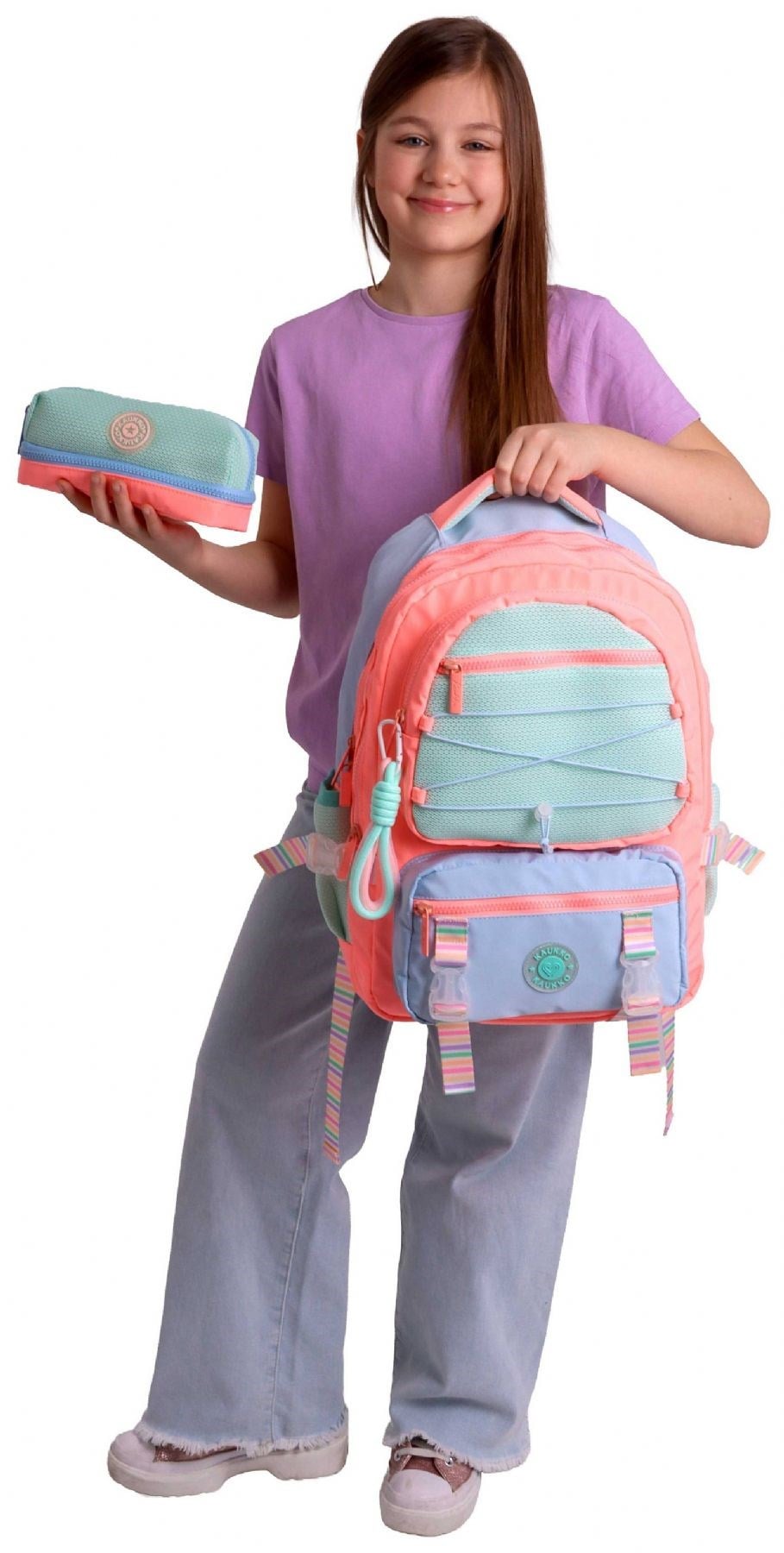Kaukko Mesh Salmon Kız Çocuk Pembe - Yeşil Okul Sırt Çantası ve Kalem Çantası Seti - SETKK-K1853C