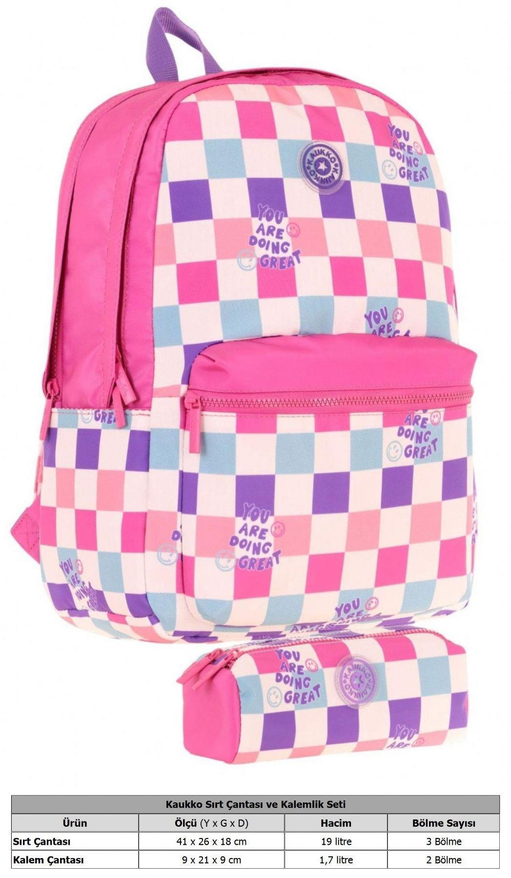 Kaukko Nature Dama Desenli Pembe Kız Çocuk Okul Çantası ve Kalemlik Okul Seti