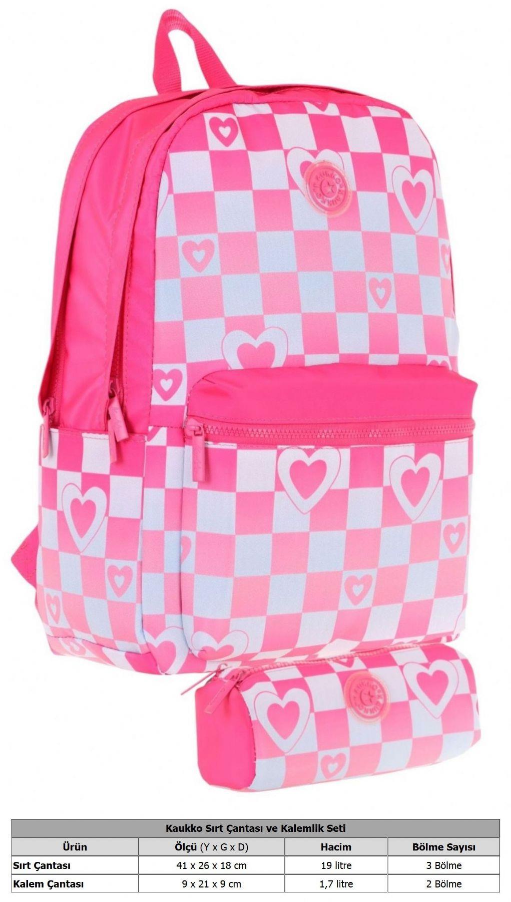 Kaukko Nature Dama ve Kalp Desenli Pembe Kız Çocuk Okul Çantası ve Kalemlik Okul Seti
