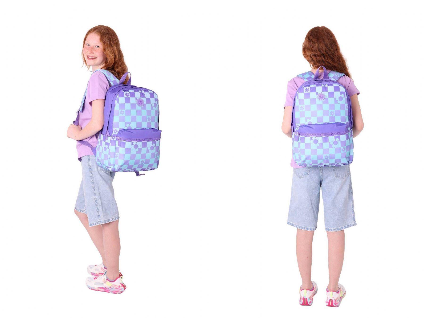 Kaukko Nature Mor Mavi Papatya ve Kare Desenli Okul Çantası ve Isı Yalıtımlı Beslenme Seti - Kız Çocuk