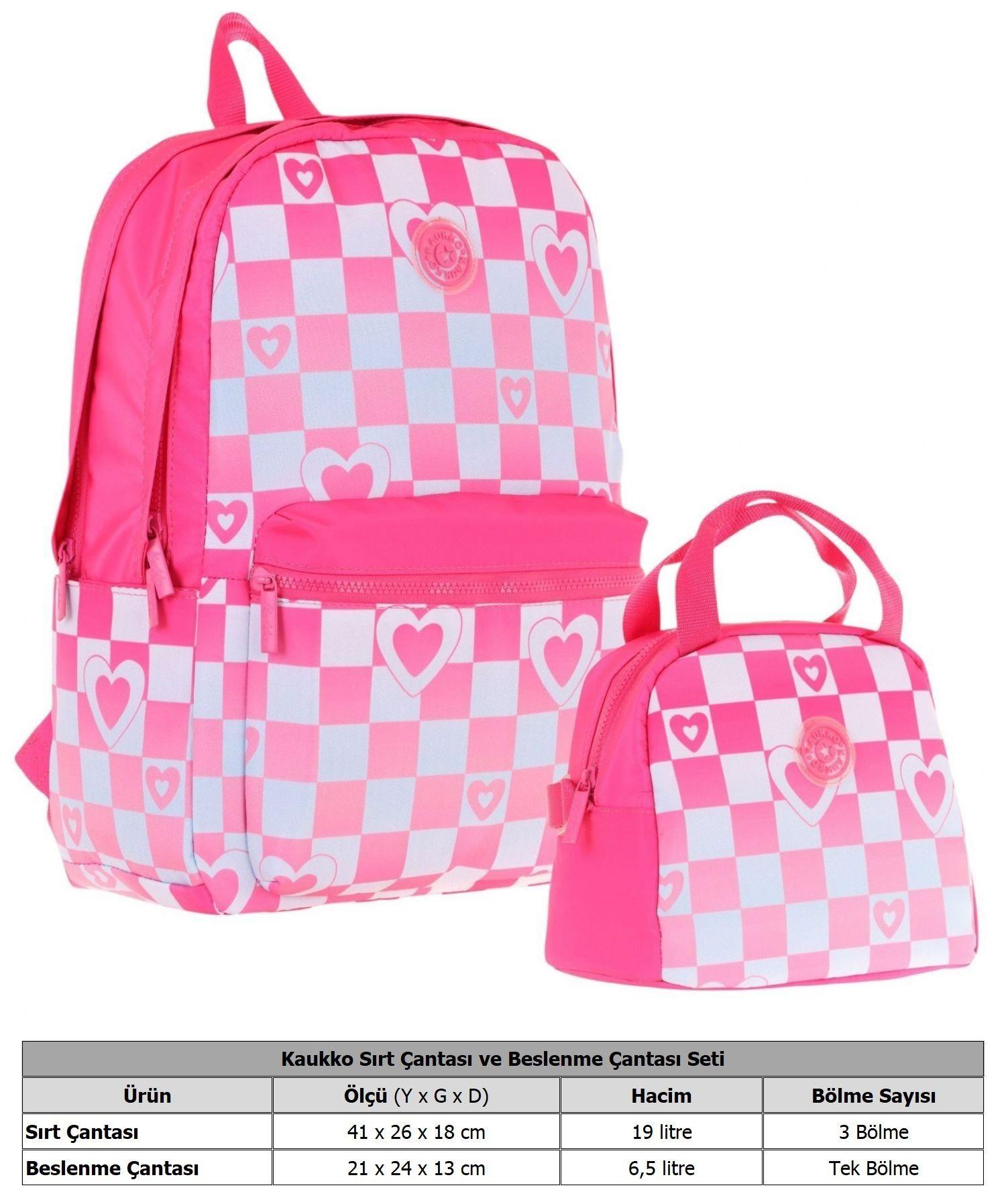 Kaukko Nature Pembe Dama ve Kalp Desenli Okul Çantası ve Isı Yalıtımlı Beslenme Seti - Kız Çocuk