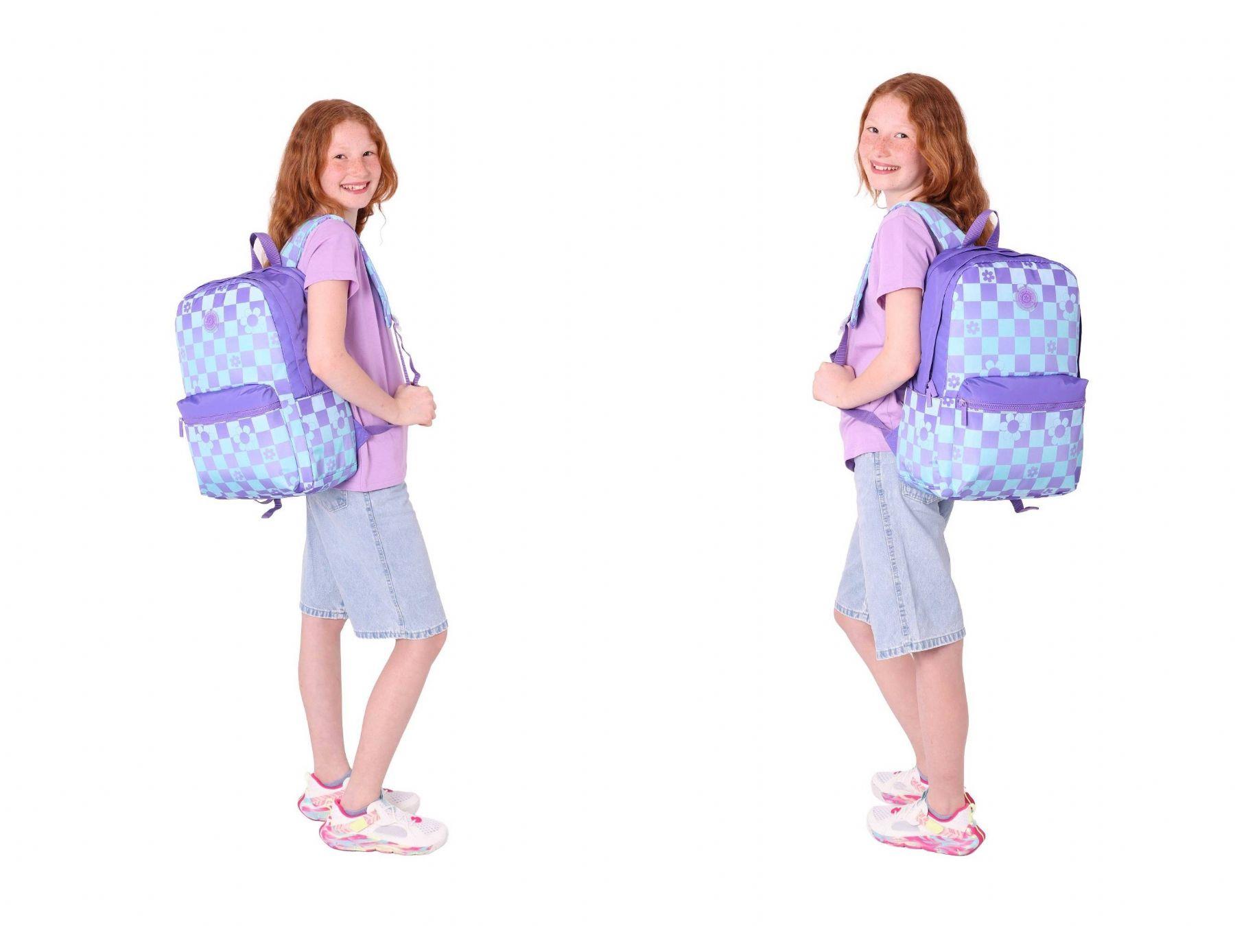 Kaukko Nature Üçlü Kız Çocuk Okul Çanta Seti - Mor Mavi - Papatya ve Kare Desenli