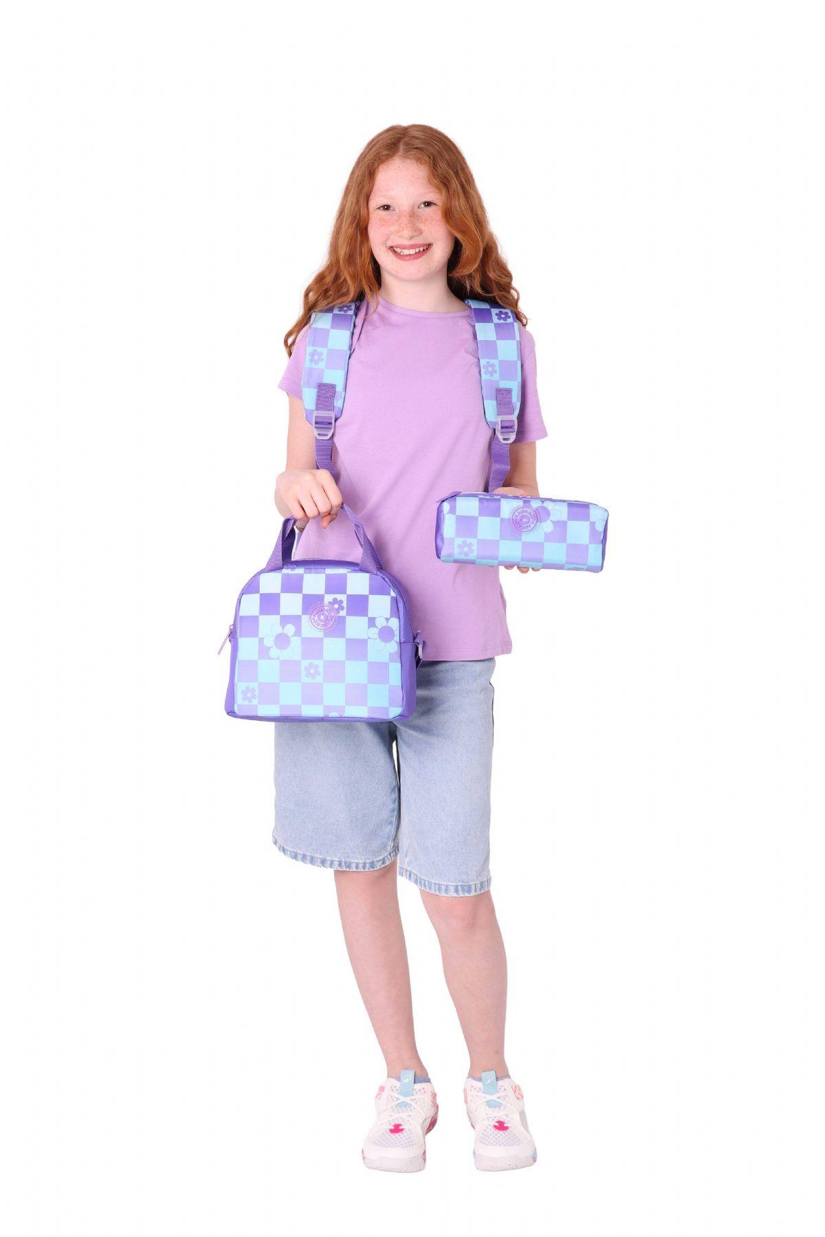 Kaukko Nature Üçlü Kız Çocuk Okul Çanta Seti - Mor Mavi - Papatya ve Kare Desenli